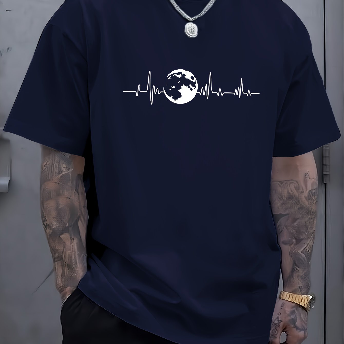 TEMU T-shirt met korte mouwen in grote maten voor de zomer, veelzijdig heren T-shirt met patroonprint, basislaag met korte mouwen