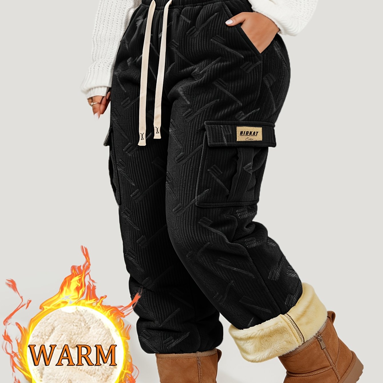 TEMU Pantalon cargo pour femmes d'hiver, doublé en polaire épaisse, tissu texturé en velours côtelé rétro, multi-poches, doublure épaisse, vêtement
