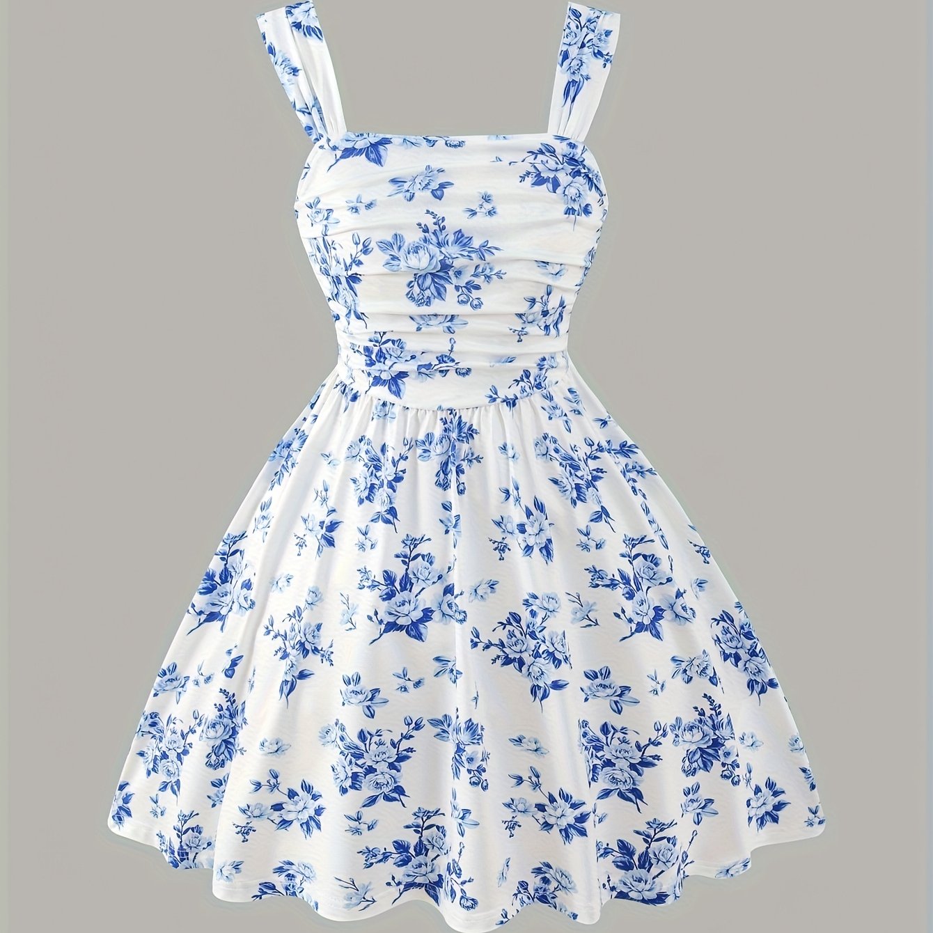 Image of Summer Girls' Blue And White Porcelain Floral Print Camisole Dress, Sweet Waist-cinching A-line Hem Vacation Dress