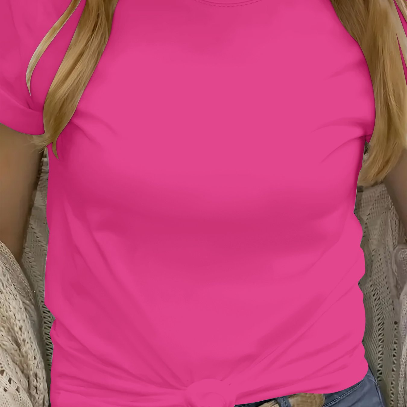 TEMU Affordable Women's Short-sleeve T-shirt For, Solid Rose Red, Comfortable, Breathable, And Pretty