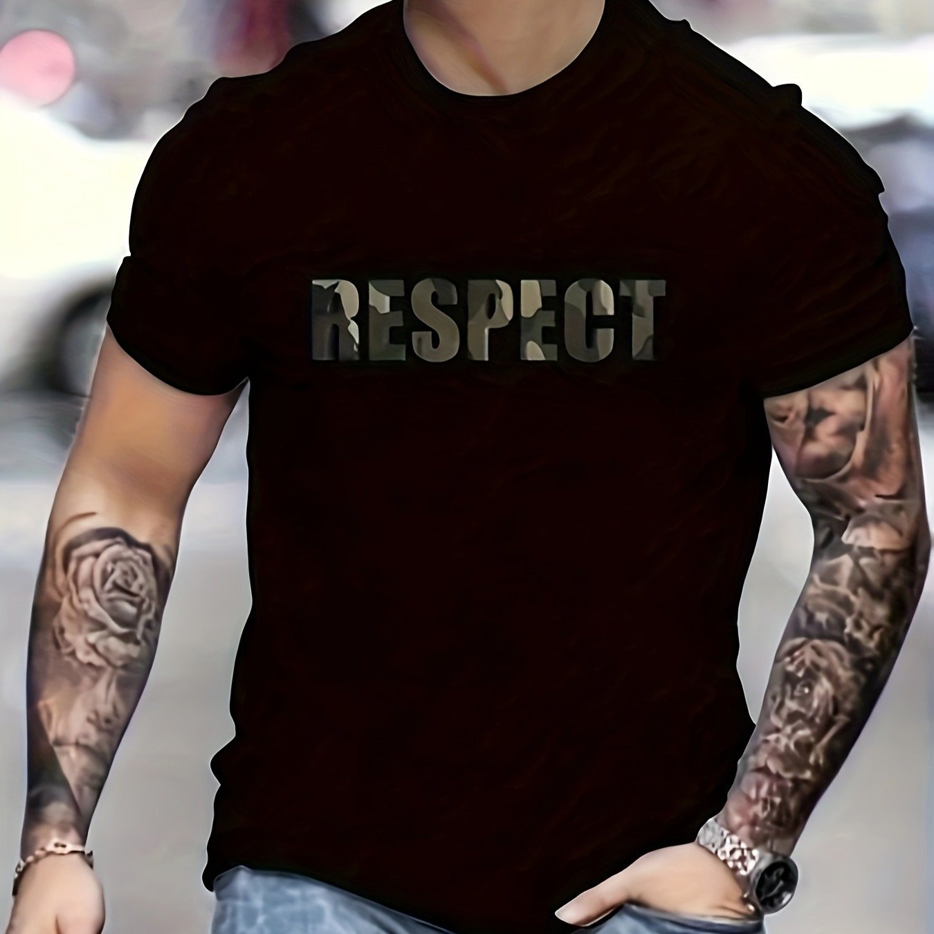 TEMU T-Shirt Homme - Lettres Blanches Surdimensionnées sur Fond Noir, Manches Courtes Décontractées, Col Rond, Tee Respirant pour l'Été avec Slogan ,