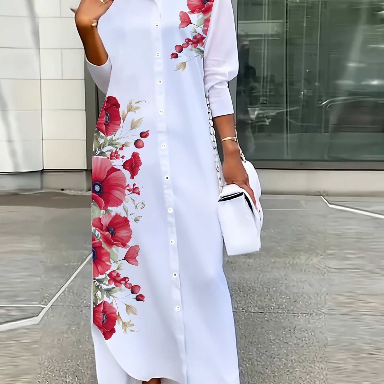 Plus Size - Plus Size - Plus Size Women's Casual Floral Patterned Long Sleeve Shirt Dress For Spring And Autumn