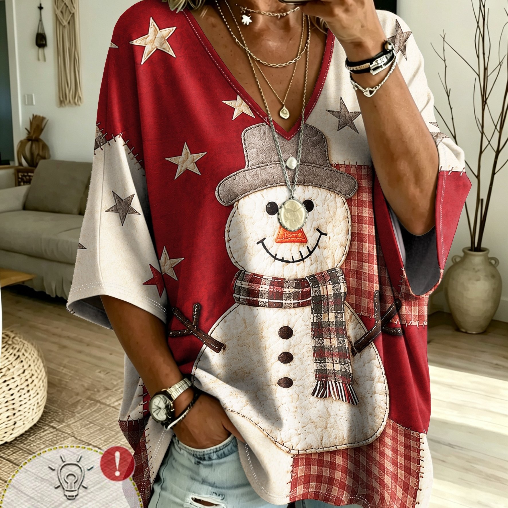 TEMU Plus Size - Printed Design - Not Textured Christmas Plus Size Women's Santa Claus Pattern Printed V-neck Top, Three-quarter Sleeve Loose Plus