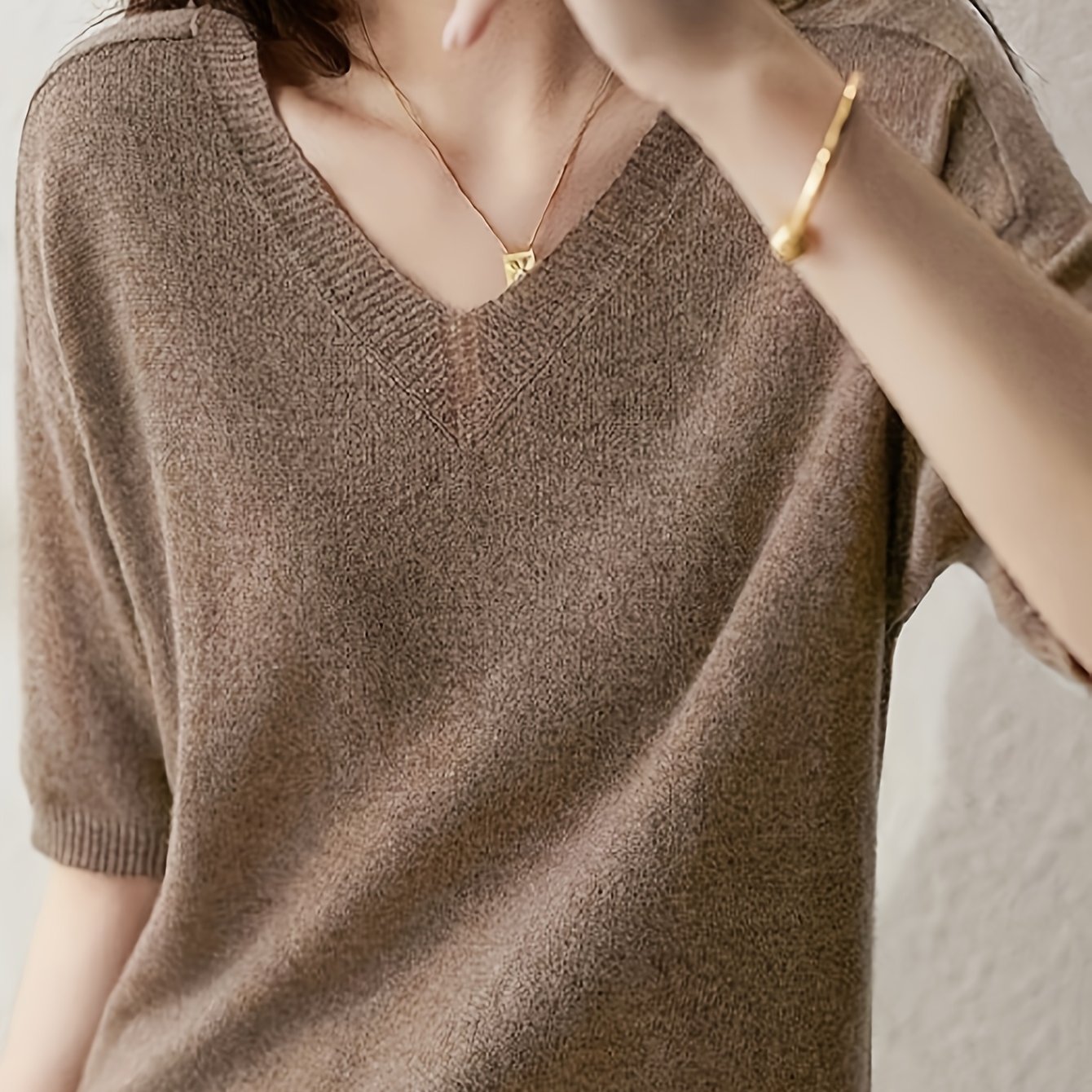 TEMU New Short Sleeve Casual Women's Sweater Thin Loose V-neck Top
