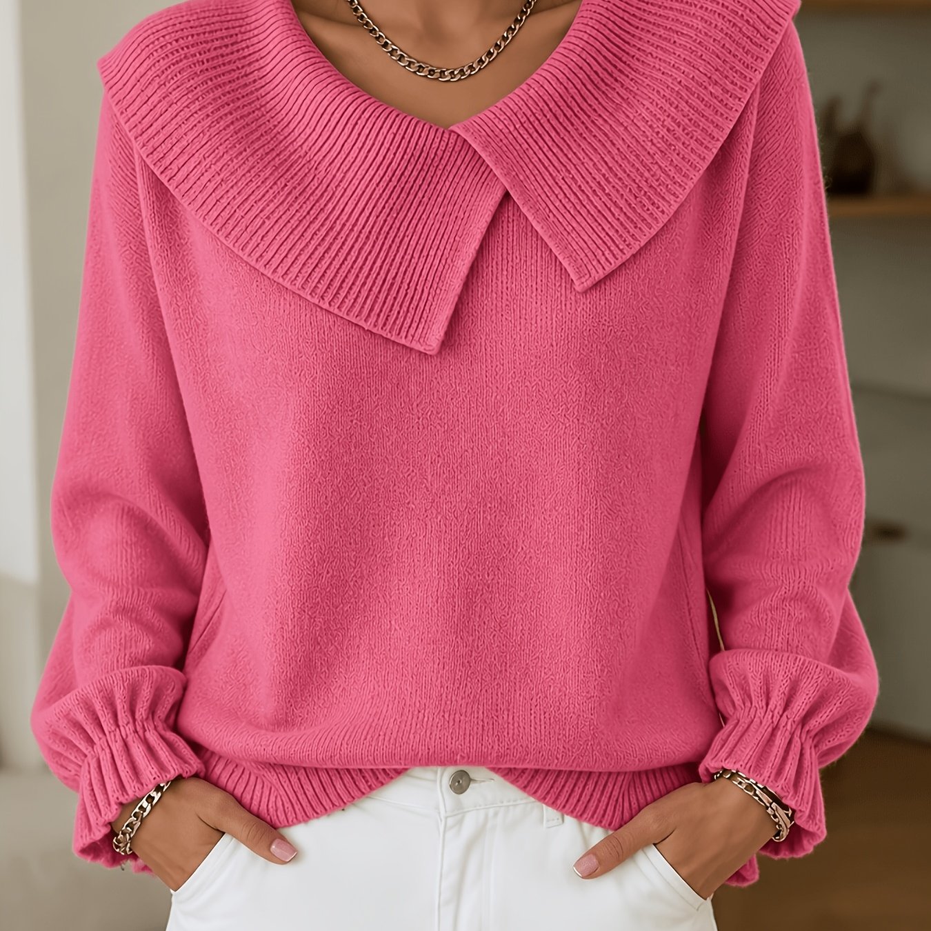 TEMU Plus Size Women's Elegant Temperament Wide Lapel Solid Color Sweater Casual Long Sleeve Base Layer