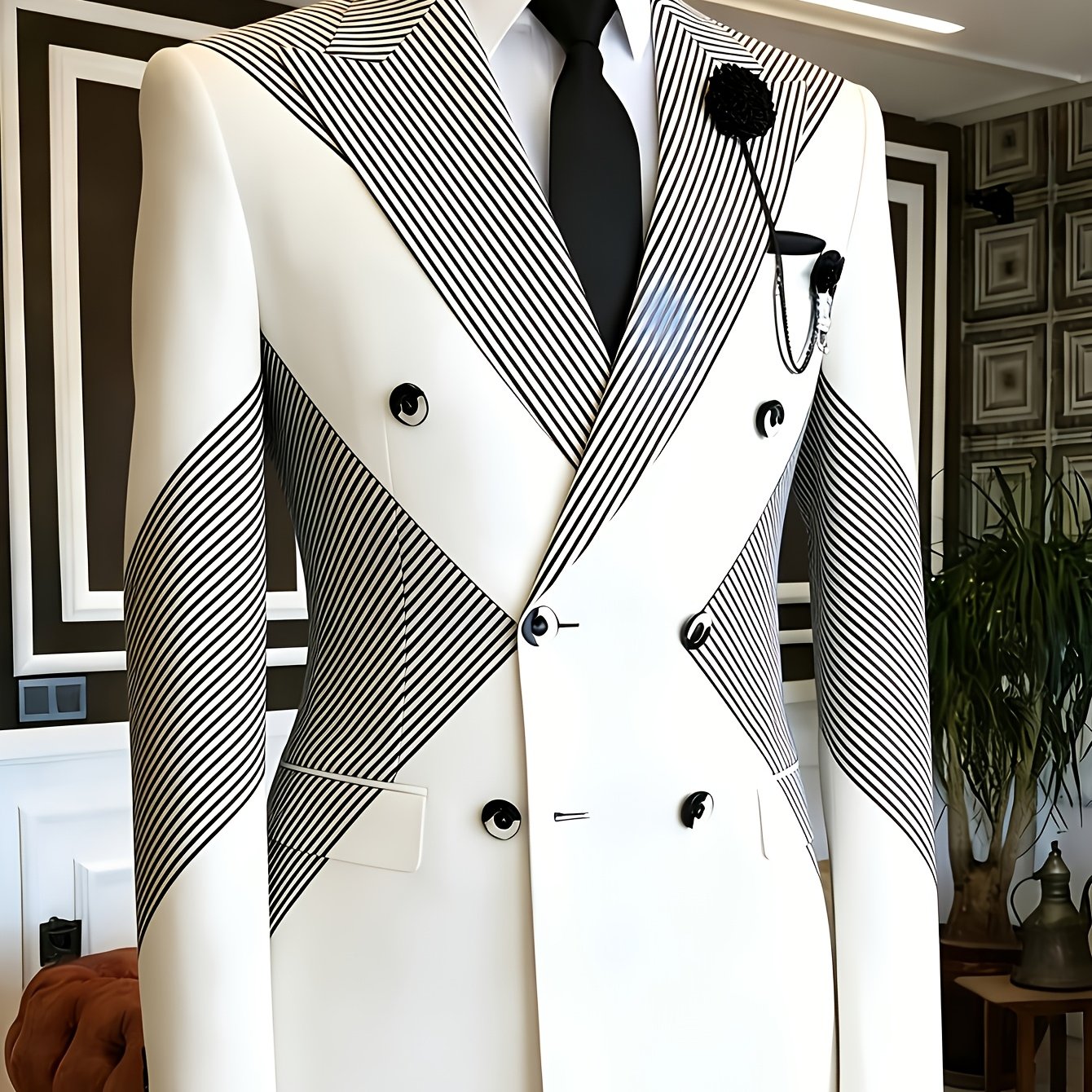 mens white black vertical striped   double breasted     fit contrast   lapel suit jacket formal tuxedo coat for wedding prom   stage nightclub party