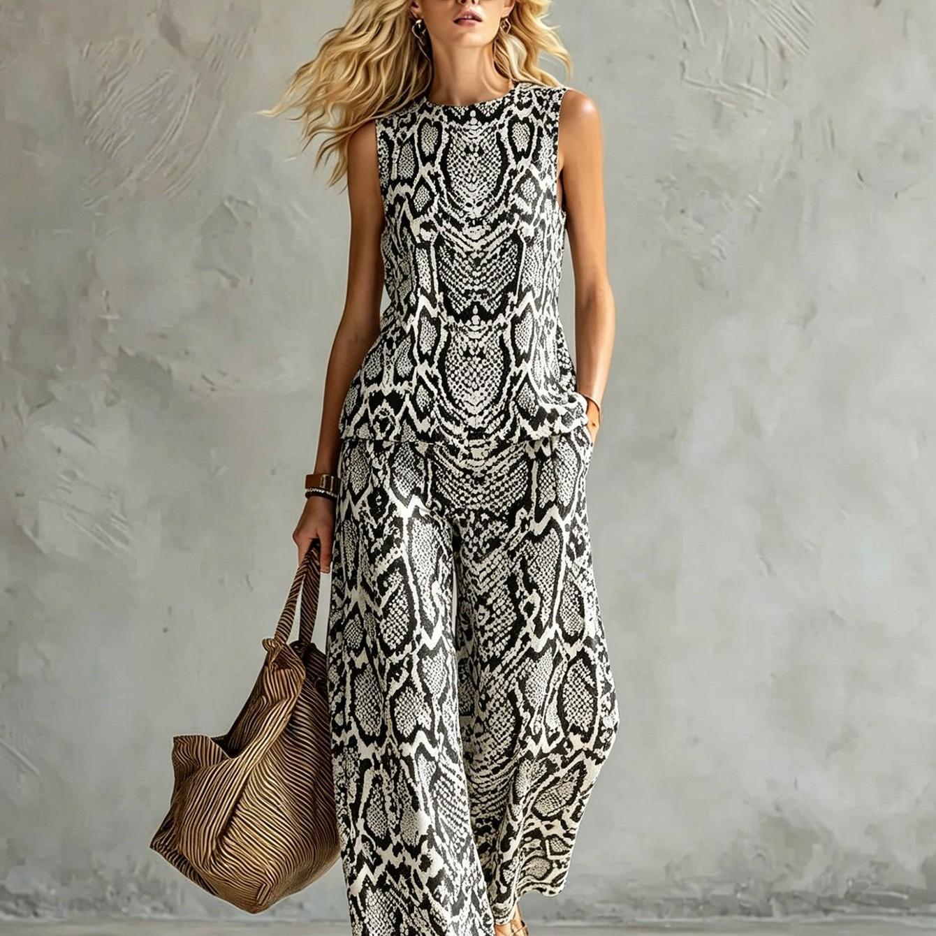 Image of New Women's Summer Clothing: Top And Pants Set Snake Skin Pattern Summer Women's Vest Set Casual Wear Machine Washable Fiber Easy And Two-piece Set 2d Flat Printing Summer