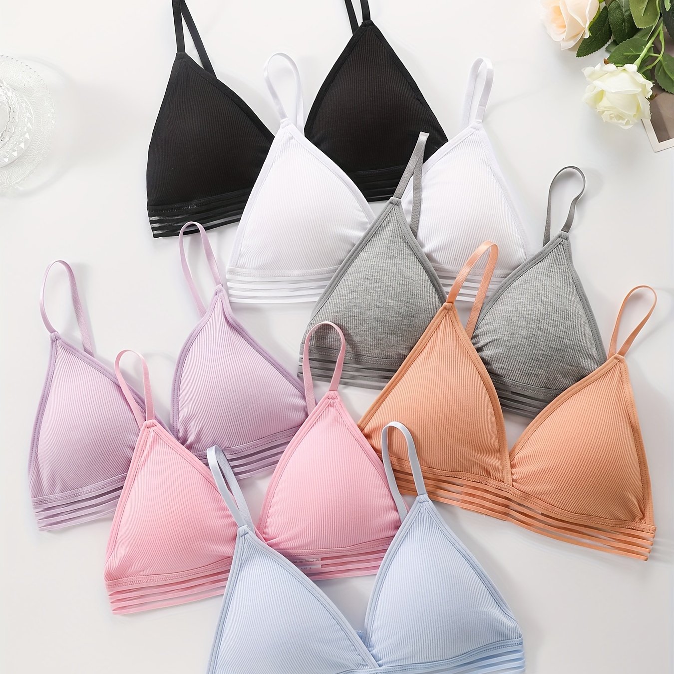 TEMU Women's Basic Striped Bras - Pack Of 7, Polyamide Blend (90% Polyamide, 10% Elastane), Wireless With Removable Pads, Braided Detail, Knitted Fabric, Suitable For Teens