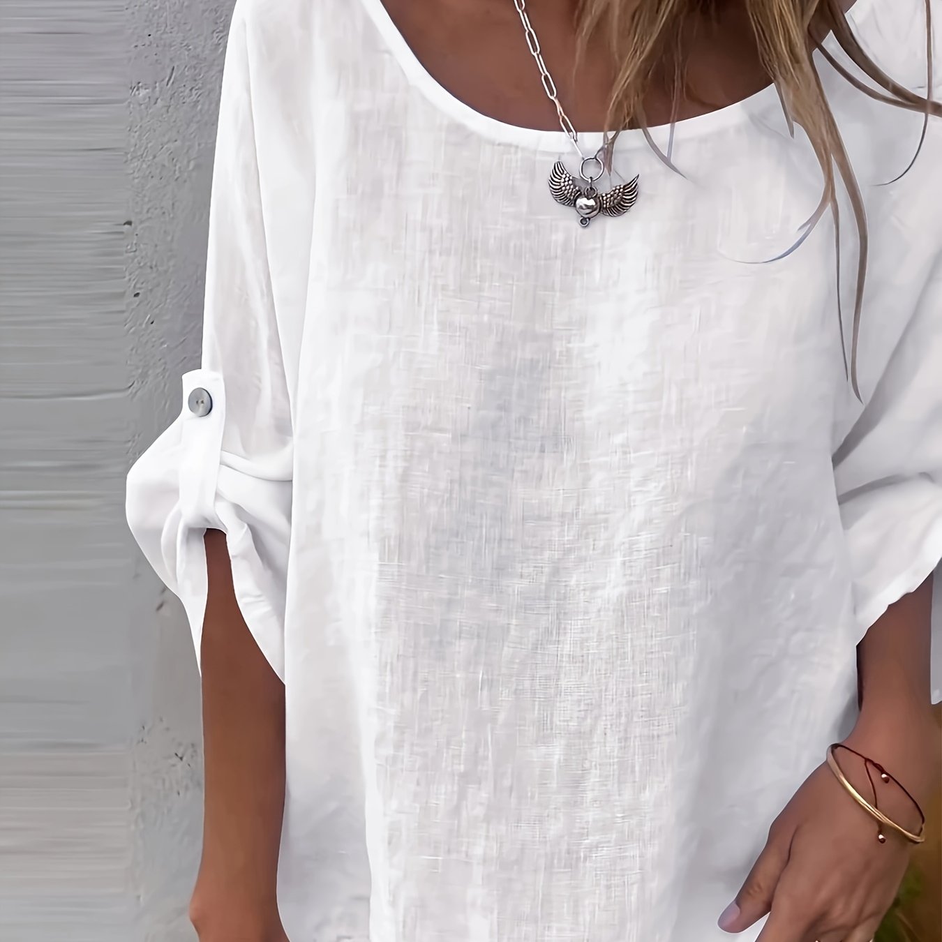 E-shop Plus Size - Plus Size - 1 Stück Plus Size Einfarbige Verstellbare Dreiviertelärmel Bluse, Elegante Rundhalsbluse für Frühling und Herbst,