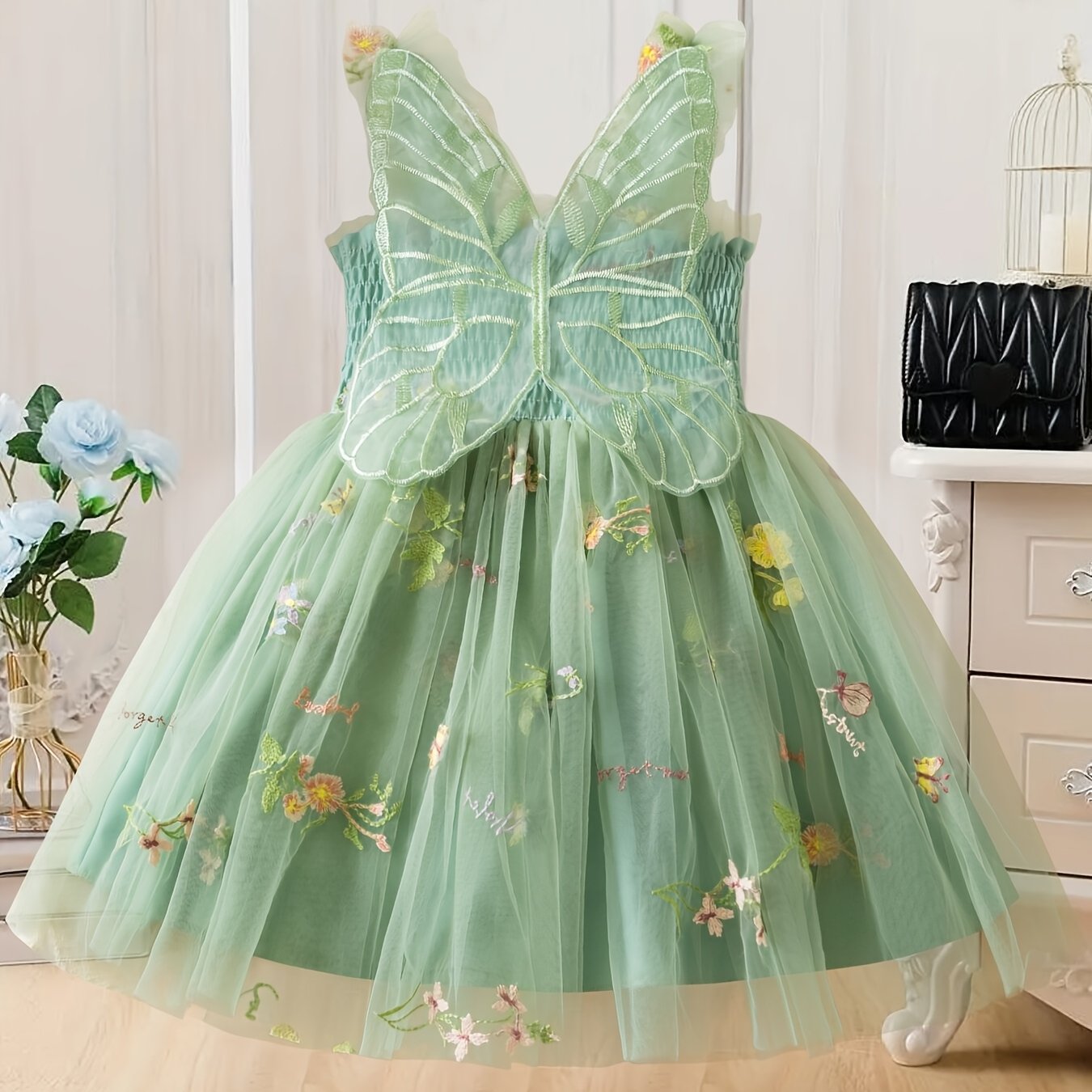 Image of Girl's Three-dimensional Wing Dress, Sweet And Colorful Floral Embroidered Mesh Princess Dress For Summer Birthday Parties