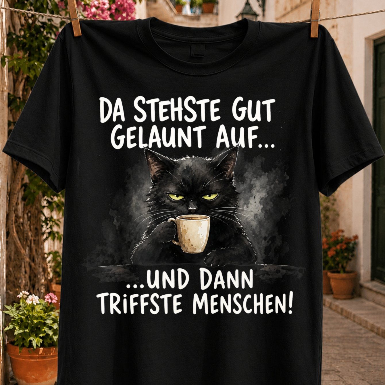 Image of Plus Size Da Stehste Auf Und Dann Triffste Menschen German Quote Watercolor Cat Holding A Coffee Cup T-shirt Unisex All T-shirt, Plus Size