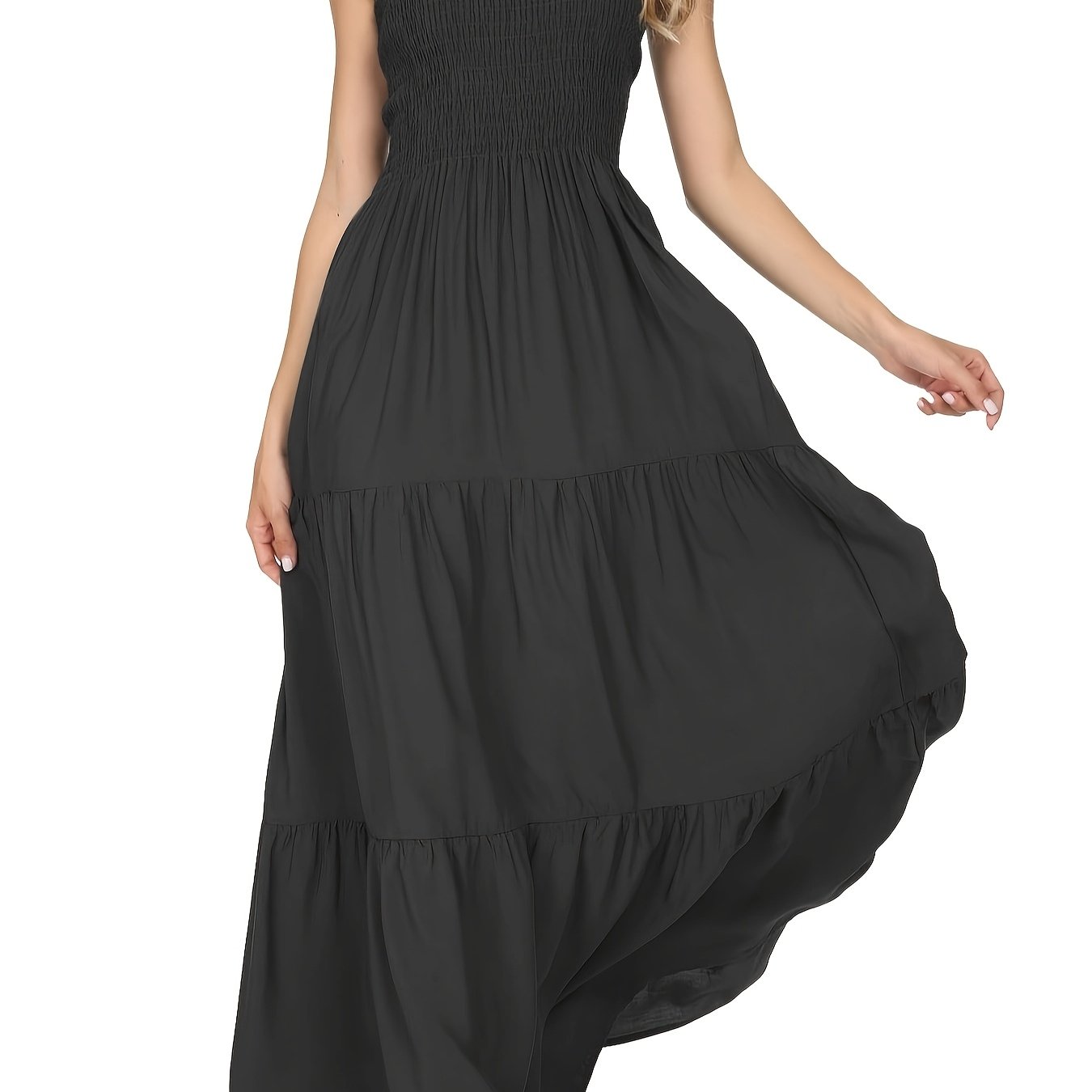 Image of Women's Sexy Solid Color Viscose Off-shoulder Strapless Bandeau Dress, Bohemian Beach Long Skirt With Shirred Detail, Bridegown