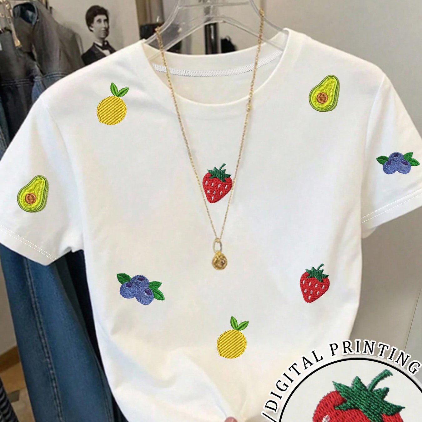 TEMU Women's , Fruit Print Round Neck Short Sleeve, Loose Casual Top Base T-shirt, Daily And Date, Machine Washable [ - No Texture]