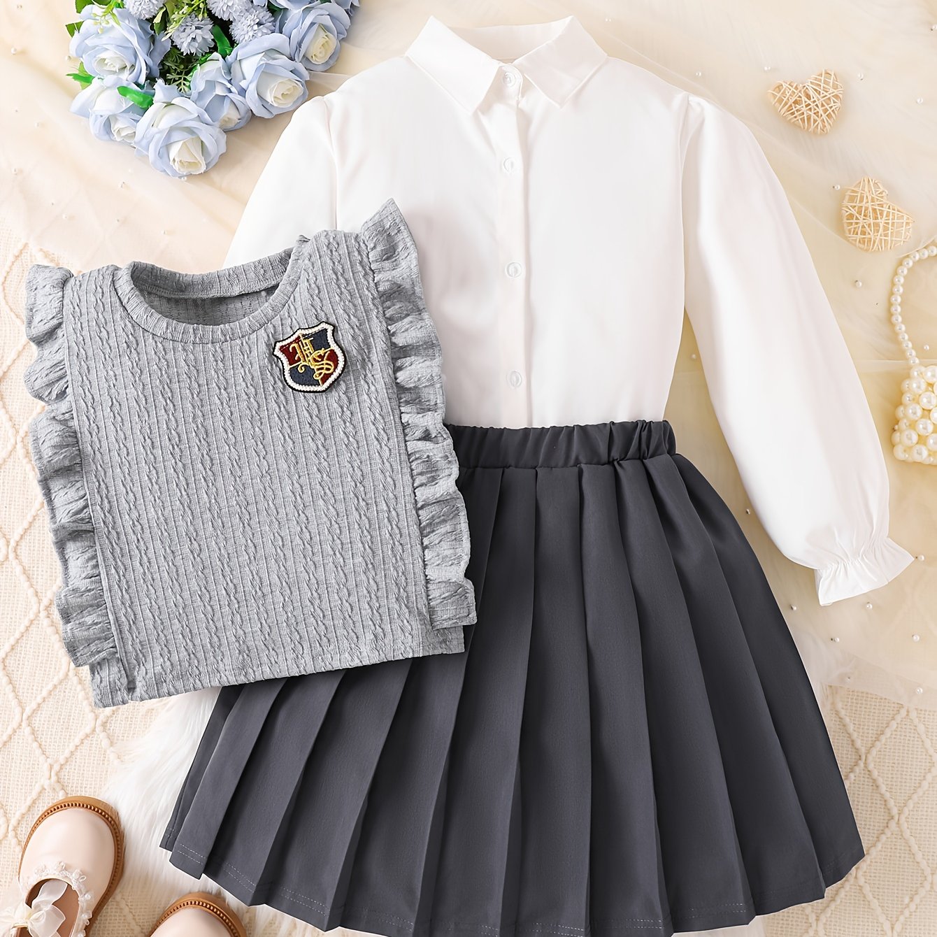 E-shop 3er-Set Mädchen Frühling/Herbst Rundhals-Ärmelloses Tanktop, Weißes Langarmhemd mit Plissierter Rock Hose, Kinder-Mode Elegantes Französisches