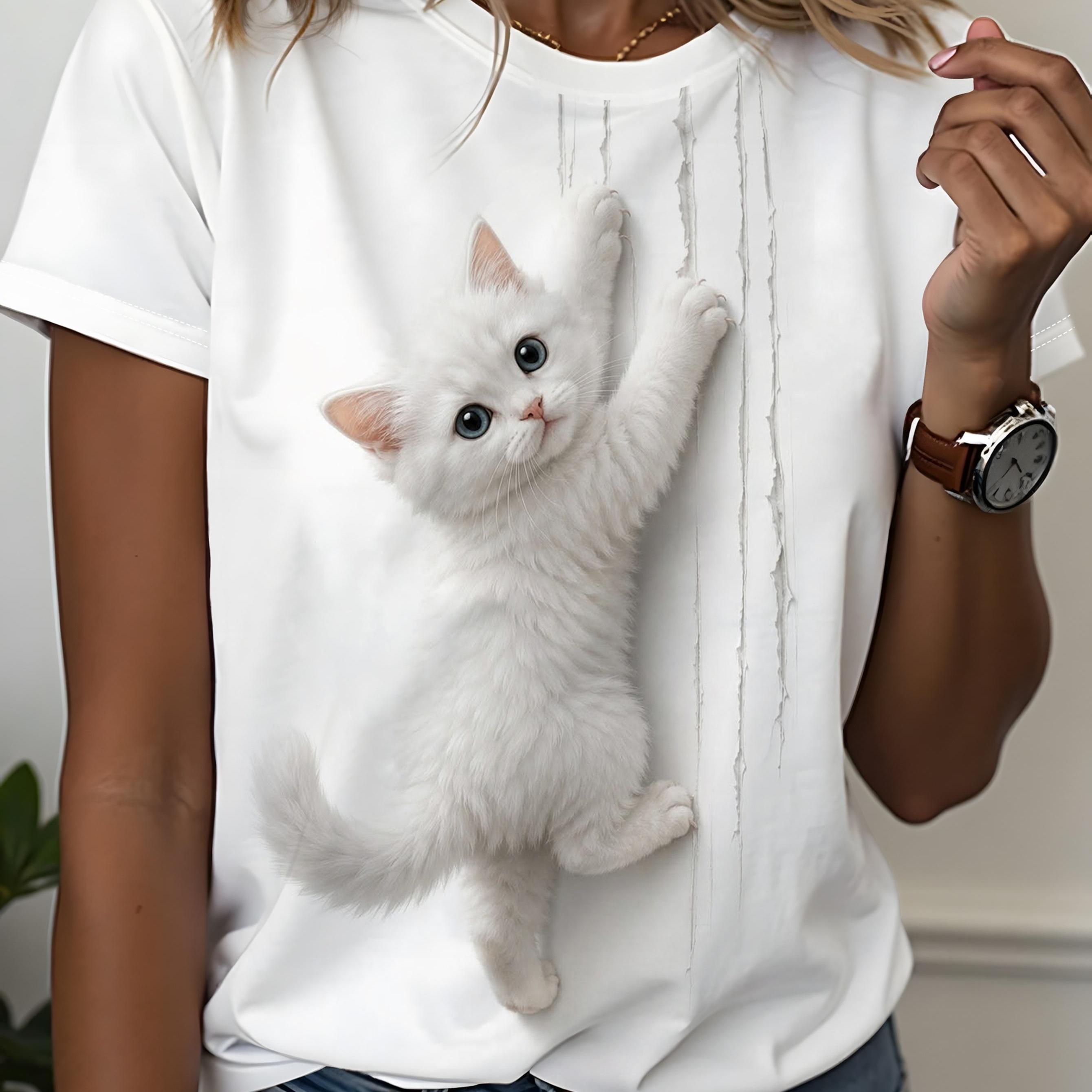 TEMU Women's Plush Cat Paw Print T-shirt - Soft Short Sleeve Round Neck -compatible Top Suitable For Casual Summer Wear, Machine Washable Cat-themed
