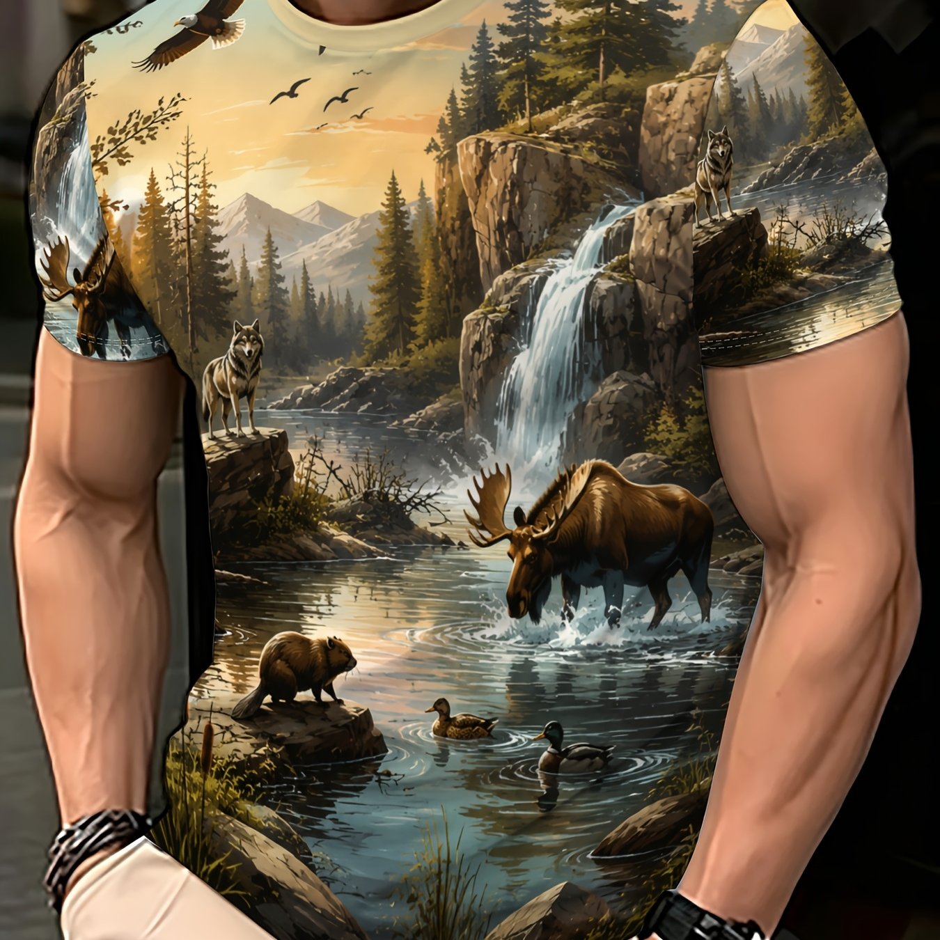 TEMU Men's Short-sleeve T-shirt With Natural Scenery Print: Forest Animals, Waterfall, Elk, And Wolf Pattern. Outdoor Casual Summer . Versatile Daily