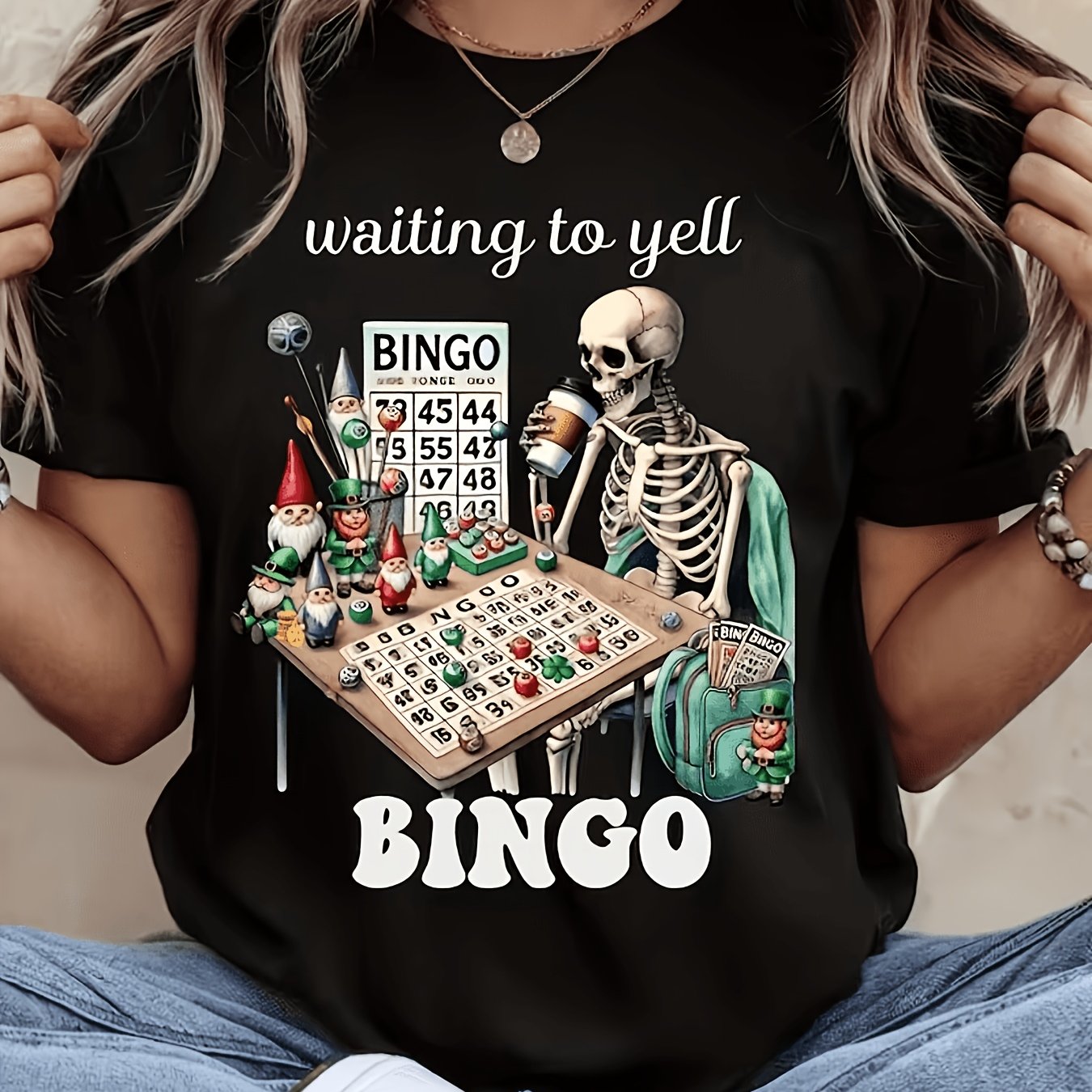 TEMU Fun Bingo Game T-shirt - Printed With Bingo Balls And 75, Casual Crew Neck Short-sleeve Top, Casual Attire For Adults, Bingo Party Apparel,