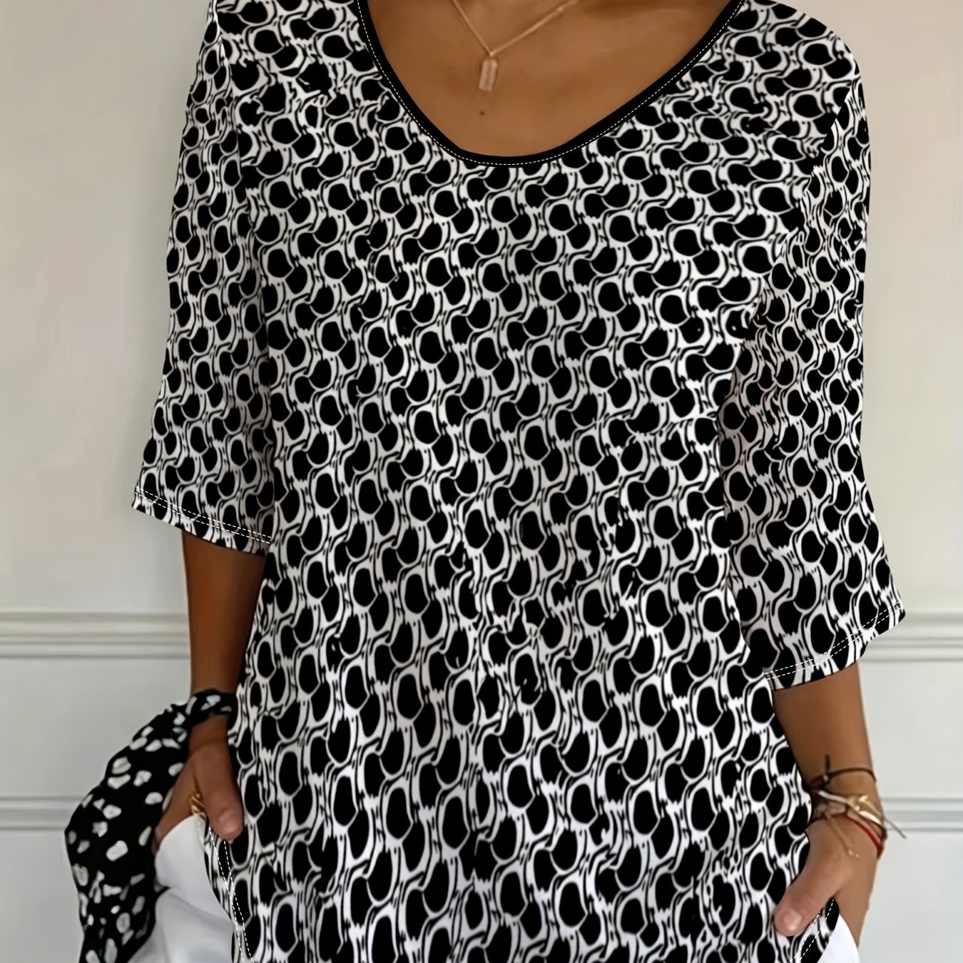 TEMU Plus Size, [printed Design-not Textured]plus Size Women's Blouse, Mixed Color, Multiple Specifications , Abstract Black - White Pattern, Stylish