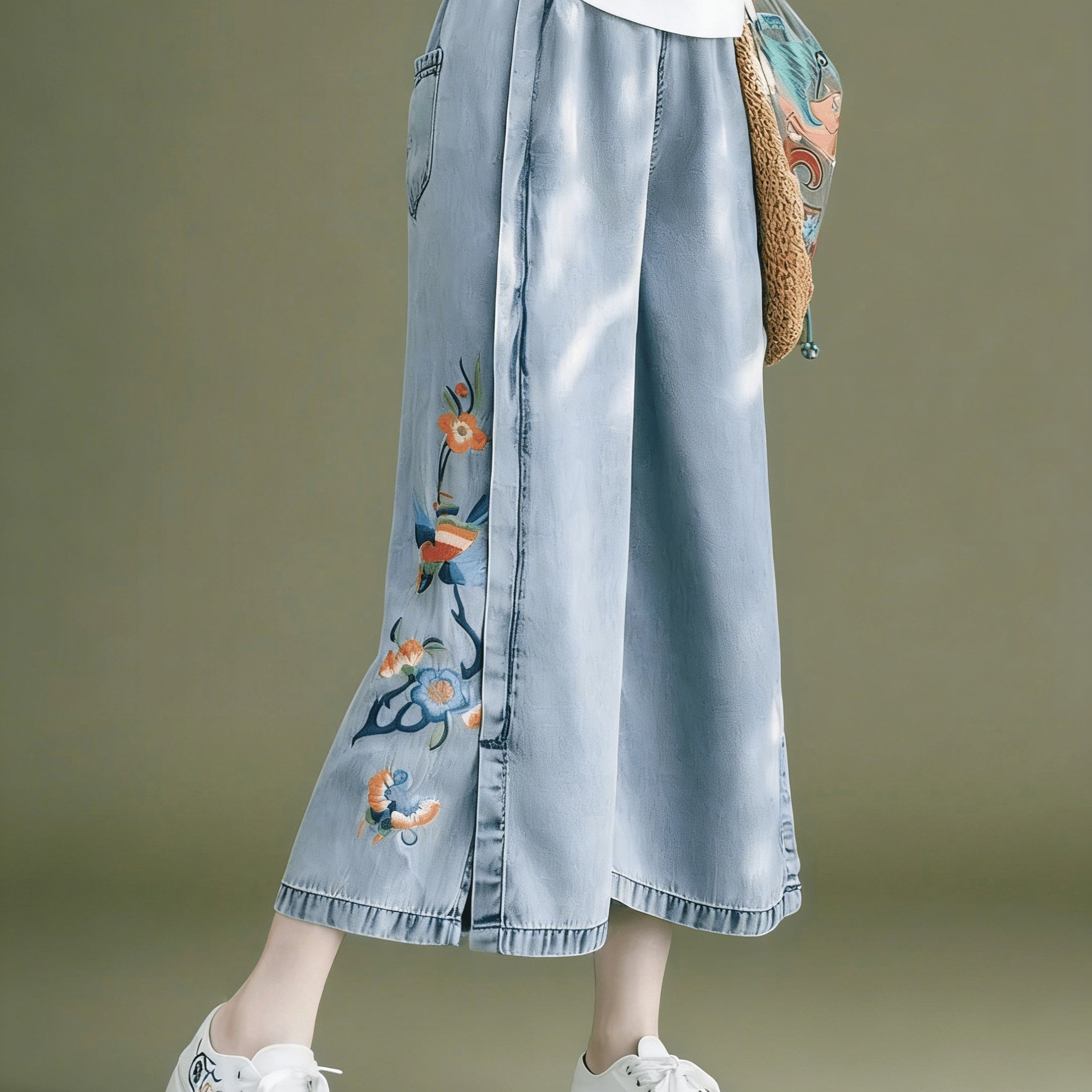 TEMU 夏新作 ルーズストレート ナインポイントパンツ レディース エスニック風 ビスコー ワイドレッグパンツ ハイウエスト スリムスタイル