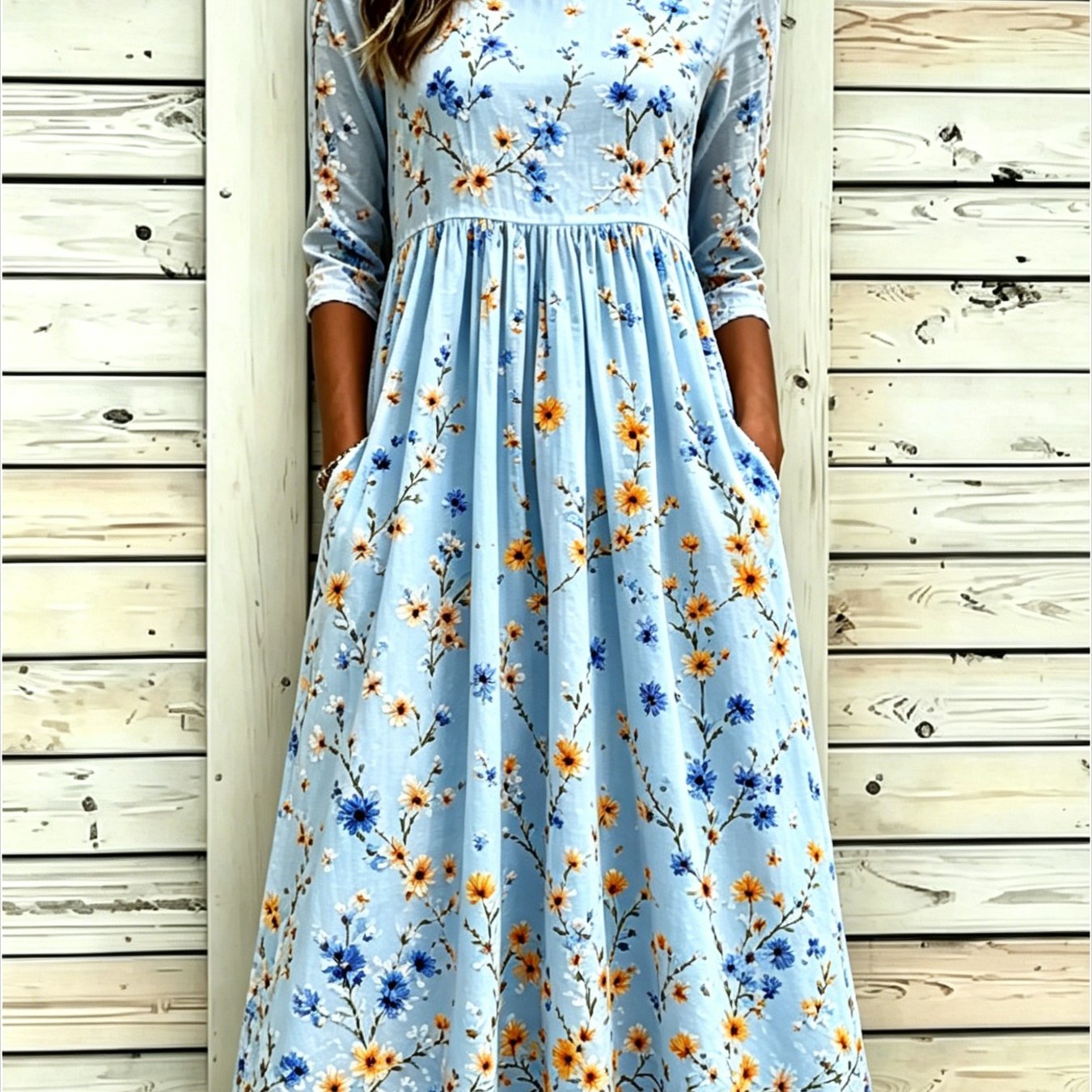 Women's Floral-print Round-neck Pocket Casual Midi Dress