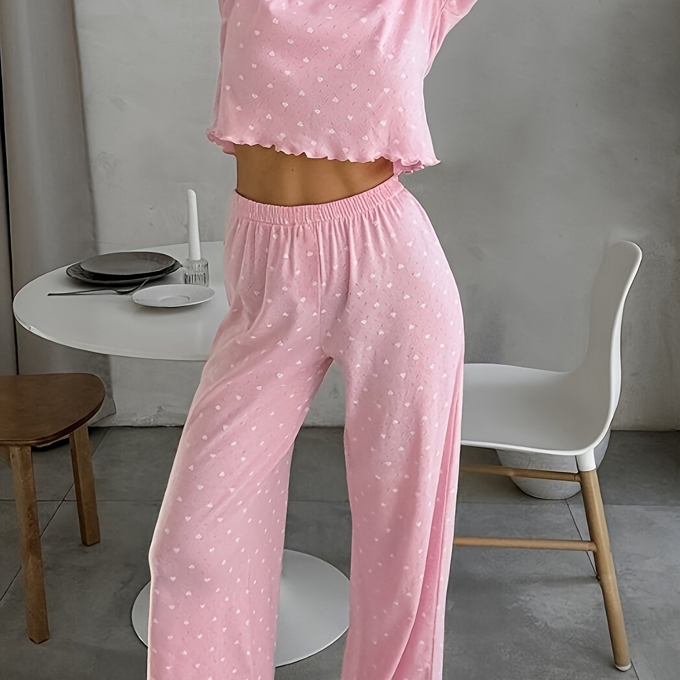 Pink Polka Dot Cute Round Neck Short Sleeve Pants Women's Pajama Set