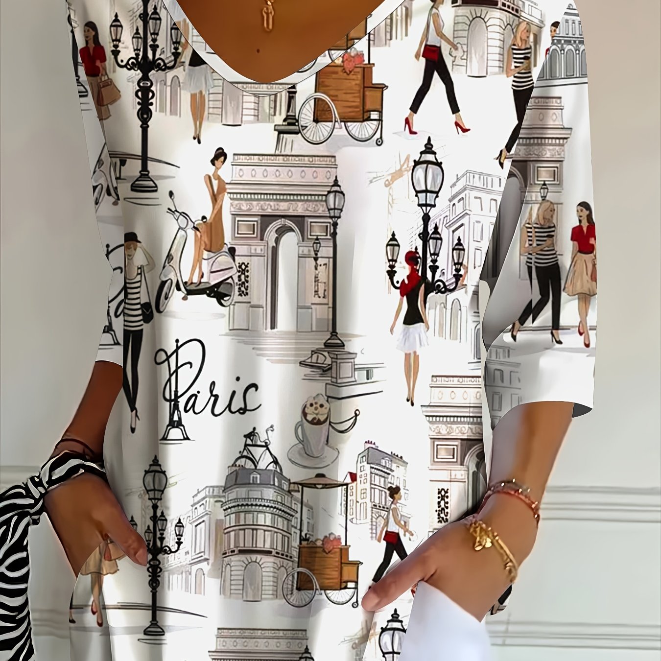TEMU Western Casual Fashion Holiday Women's Regular Fit Full -quarter Sleeve V-neck T-shirt Top
