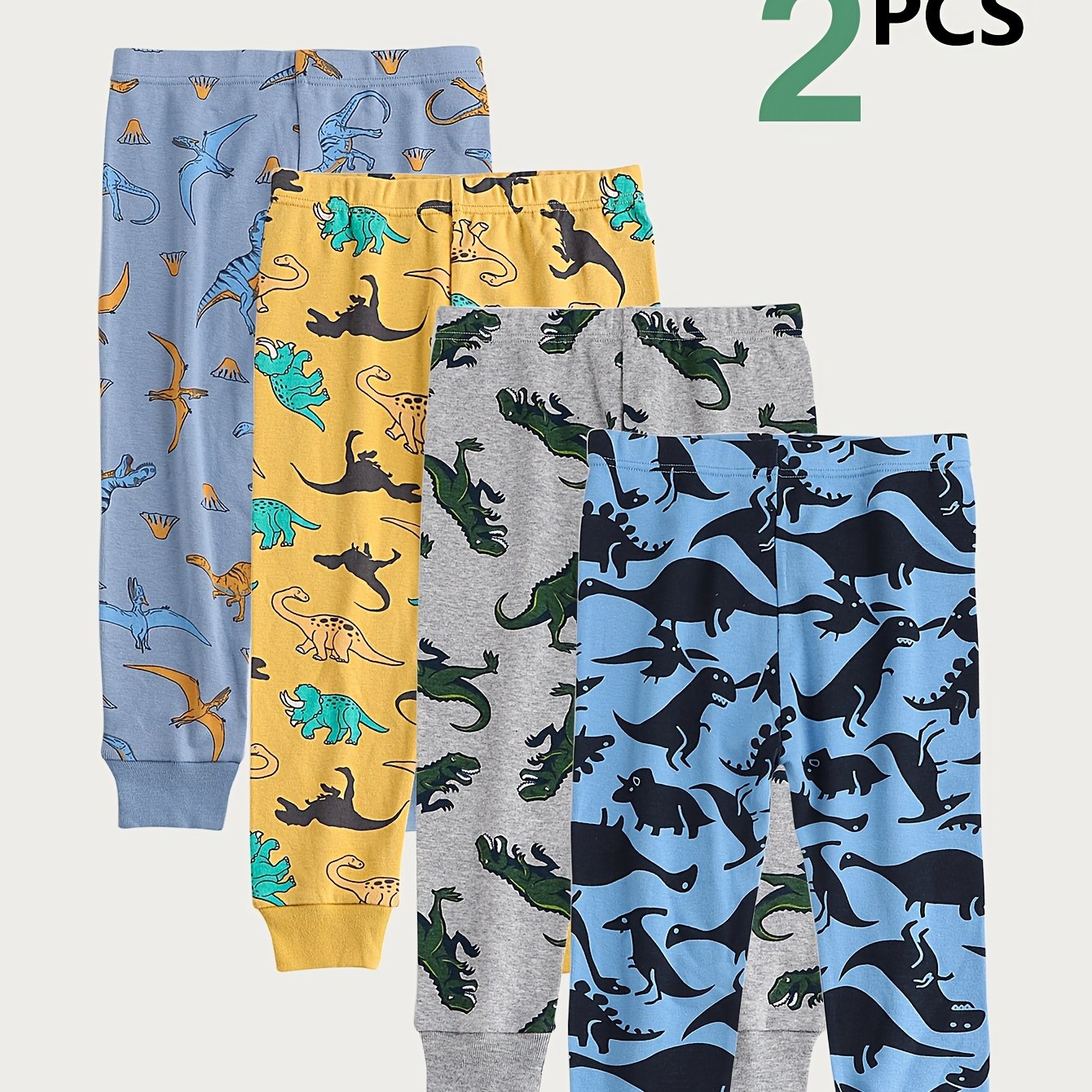 Image of 2pcs Random Style Boys' Soft, Comfortable, Warm Casual Trousers With Dinosaur Print And Elastic Waistband, Suitable For Everyday Wear At Home And Outdoors, For Outdoor