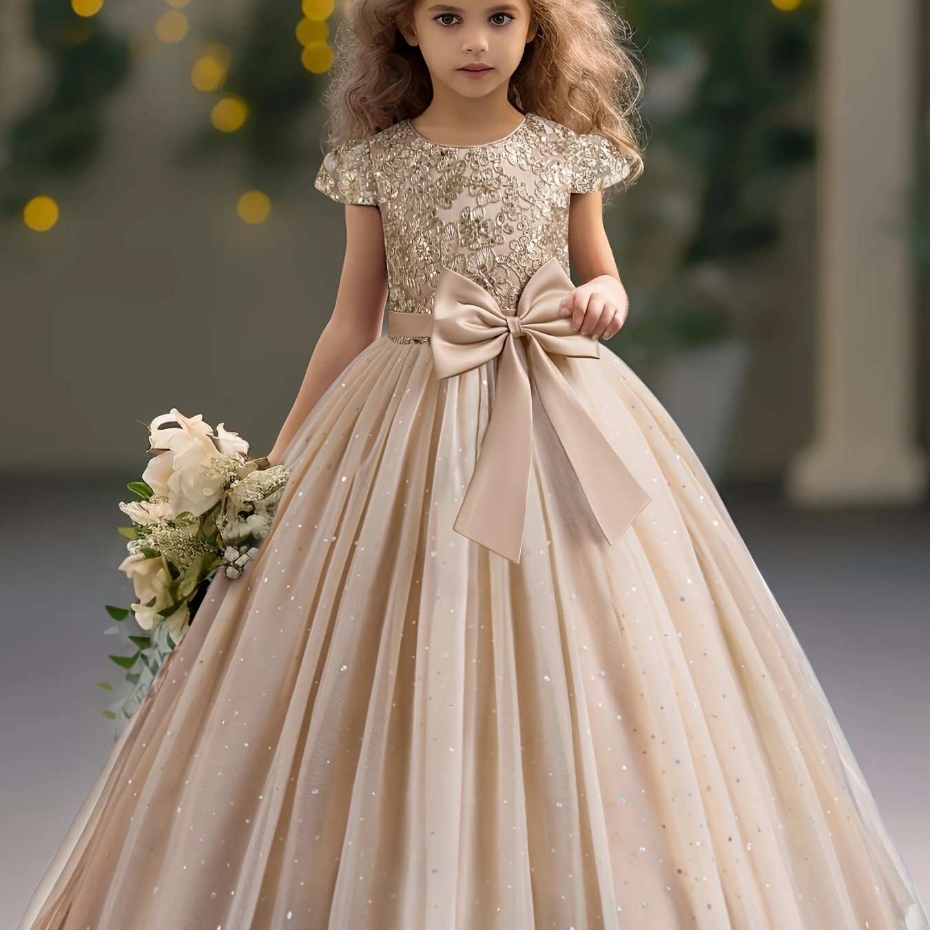 Image of Girls Lace Embroidered Gown, Vintage Kids Tulle Puffy Dress, Wedding Bridesmaid Princess Long Dress, Pageant Formal Ball Gown