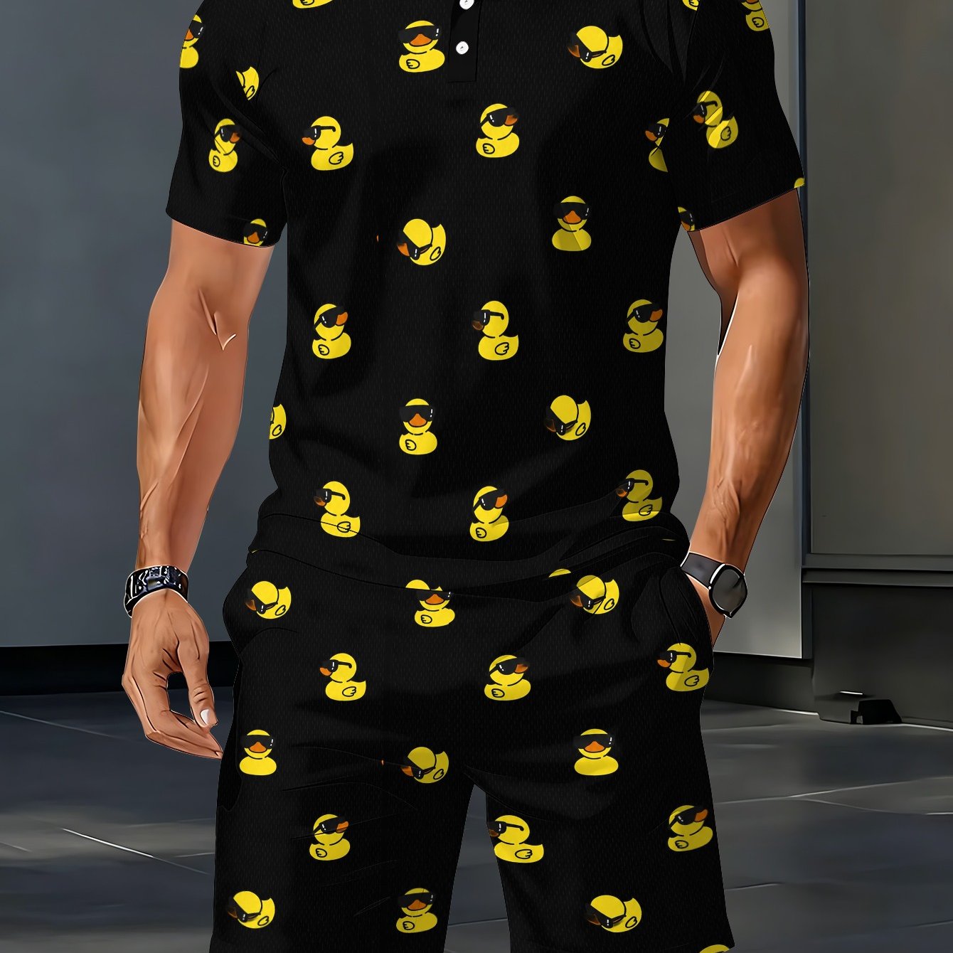TEMU Men's Shirt Short-sleeve Top And Shorts Two-piece Set Black Duck-print Short Set For Summer , Outdoor Beach Relaxation Lightweight, Breathable,