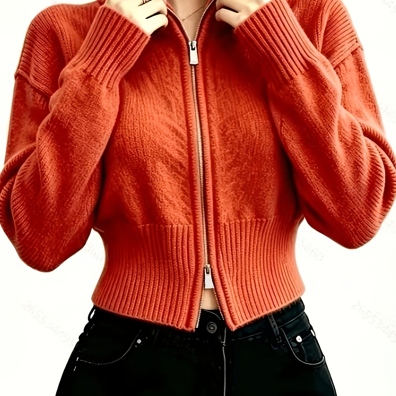TEMU Cardigan court à col et double fermeture éclair pour femme, pull court uni à manches longues, haut élégant et coupe ajustée, haut court zippé