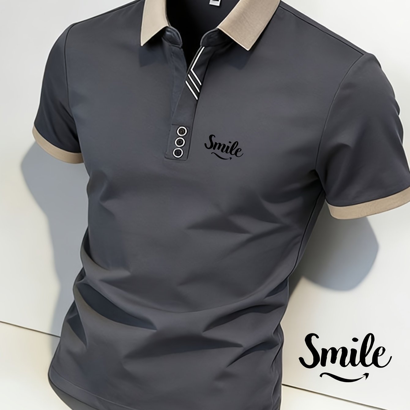 Image of Men' -style Graphic T-shirt With "smile" Print. From Soft And Comfortable Fabric, This Menswear Top Features Collar And Mesh-like Accents On The Shoulders. An For Casual Wear