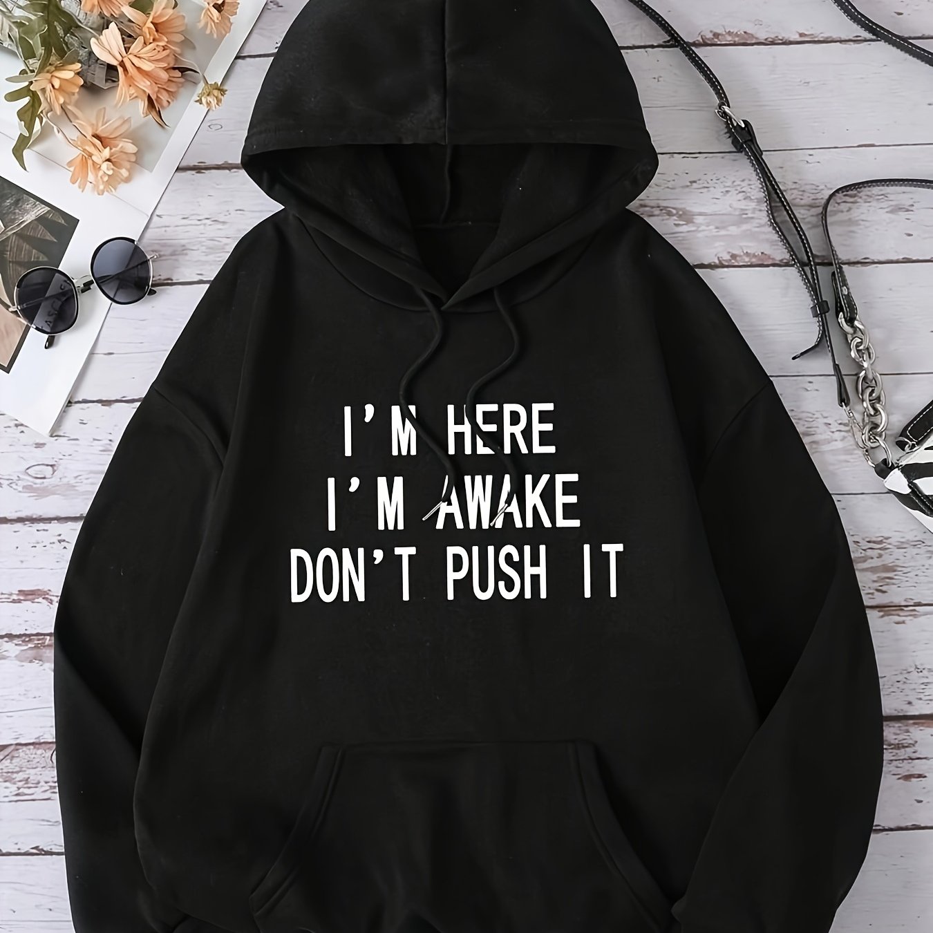 TEMU Slogan Pattern Kangaroo Pocket Drawstring Warm Hooded Sweatshirt I'm Awake Don't , Long Sleeve Top 2026