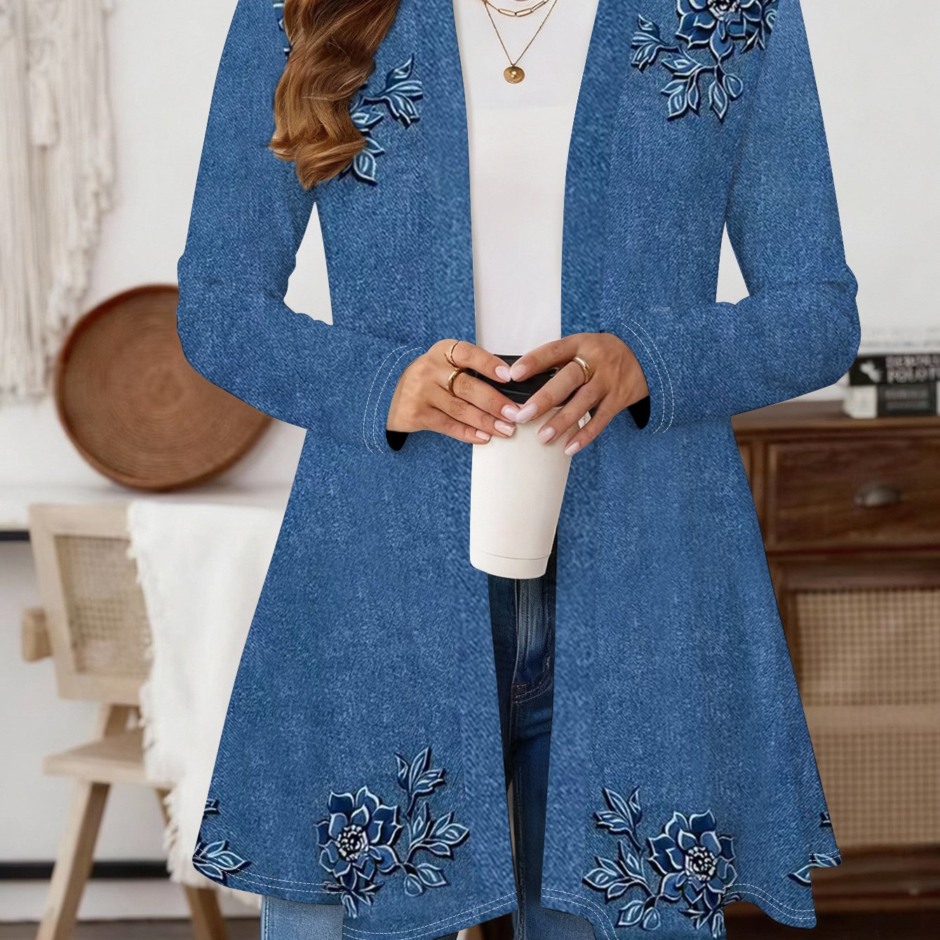 TEMU Plus Size - Plus Size - Plus Size Women's Denim- Embroidered Floral Mid-length Cardigan, Elegant