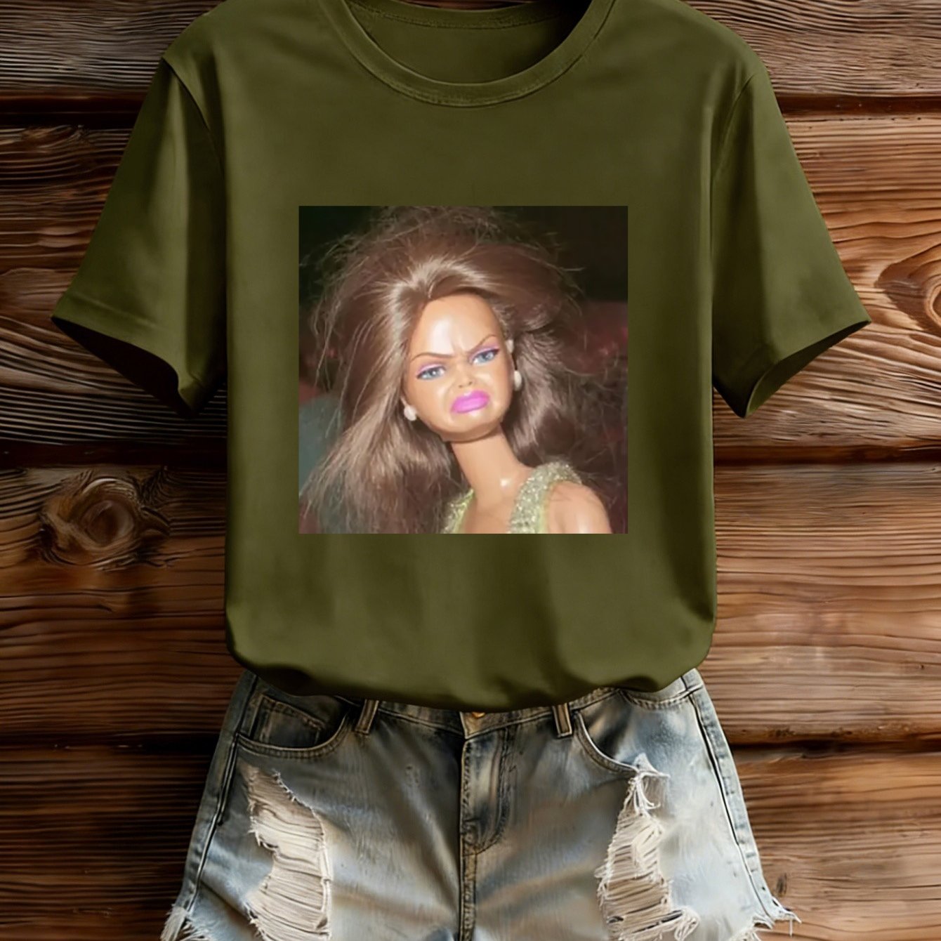 TEMU Brown-haired Doll With Sharp- Portrait Print, Purple Eyeshadow, Shiny Top, And Ear Stud Decorative Pattern, Round-neck Fashionable Short-sleeve