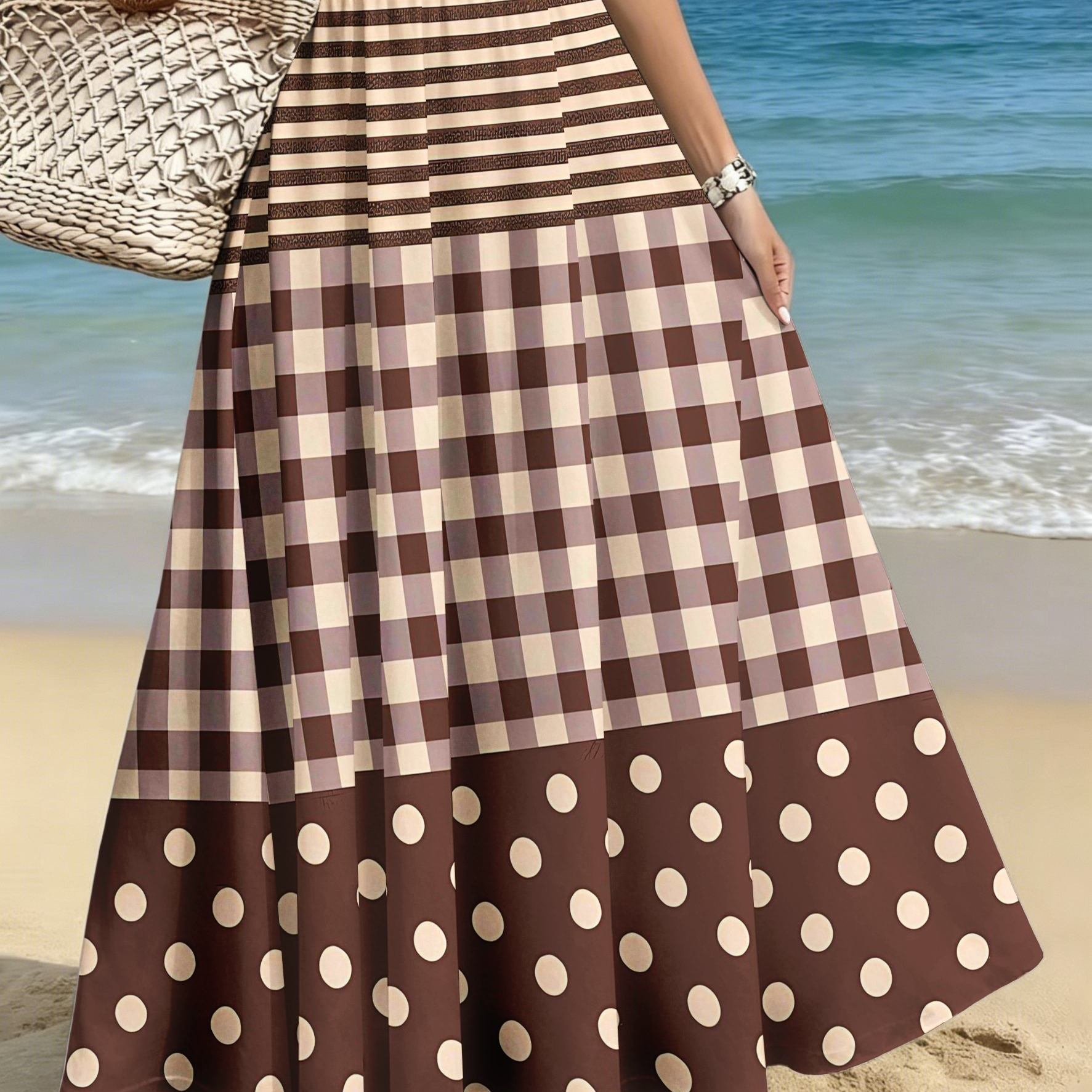 TEMU Plus Size - Bohemian-style Vacation Skirt, Afternoon Tea, Dates, Or Casual Wear; Available In Striped, Plaid, And Polka