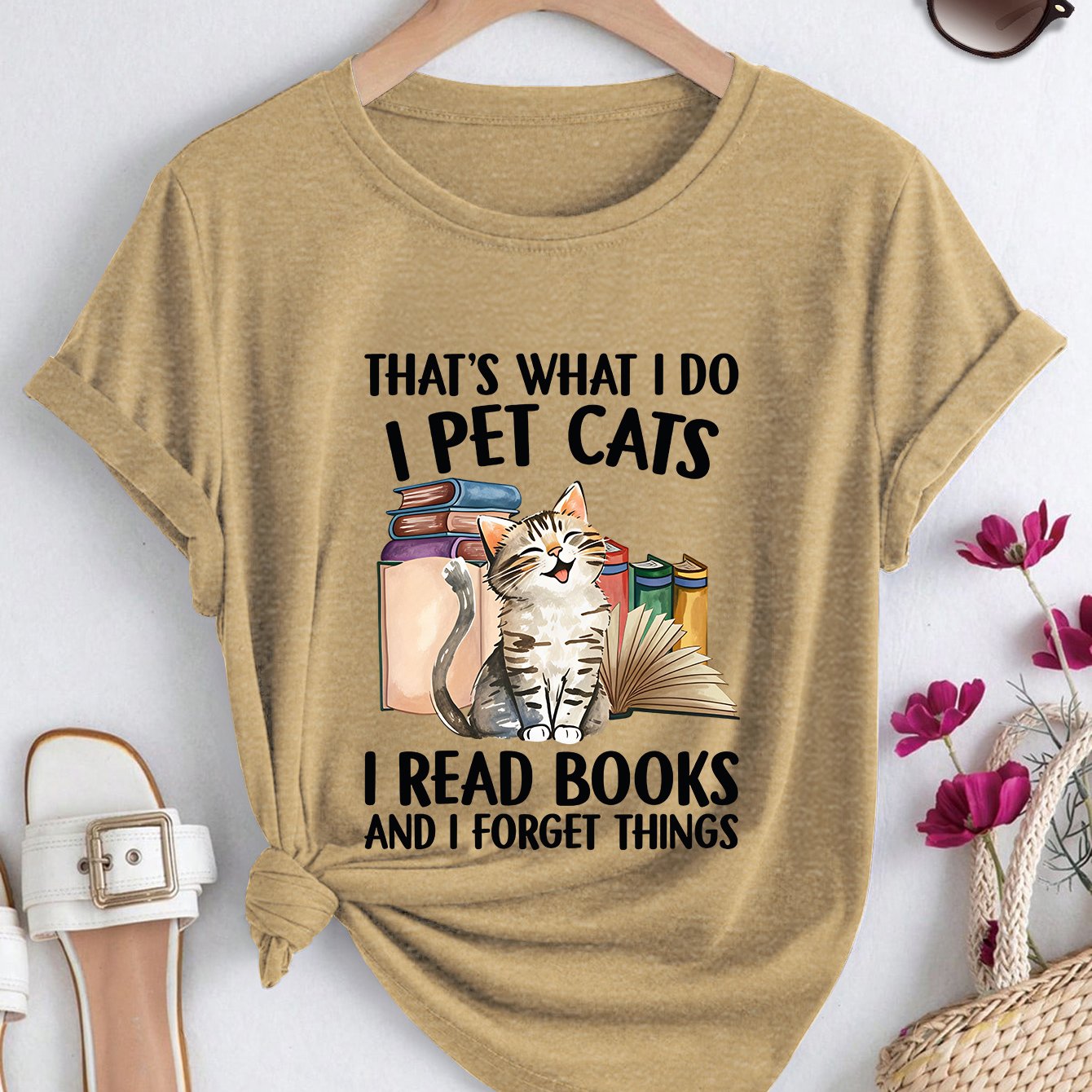 TEMU Plus Size Women's Vintage Cat & Book Print T-shirt - "that's What I Do I Pet Cats I Read Books" Short Sleeve -compatible Top, Soft Loose Fit