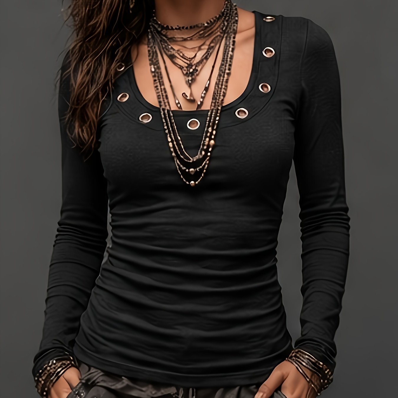 TEMU Retro Gothic -neck Long Sleeve Top Women's Ruched Waist Slim Fit Ribbed Street Layer