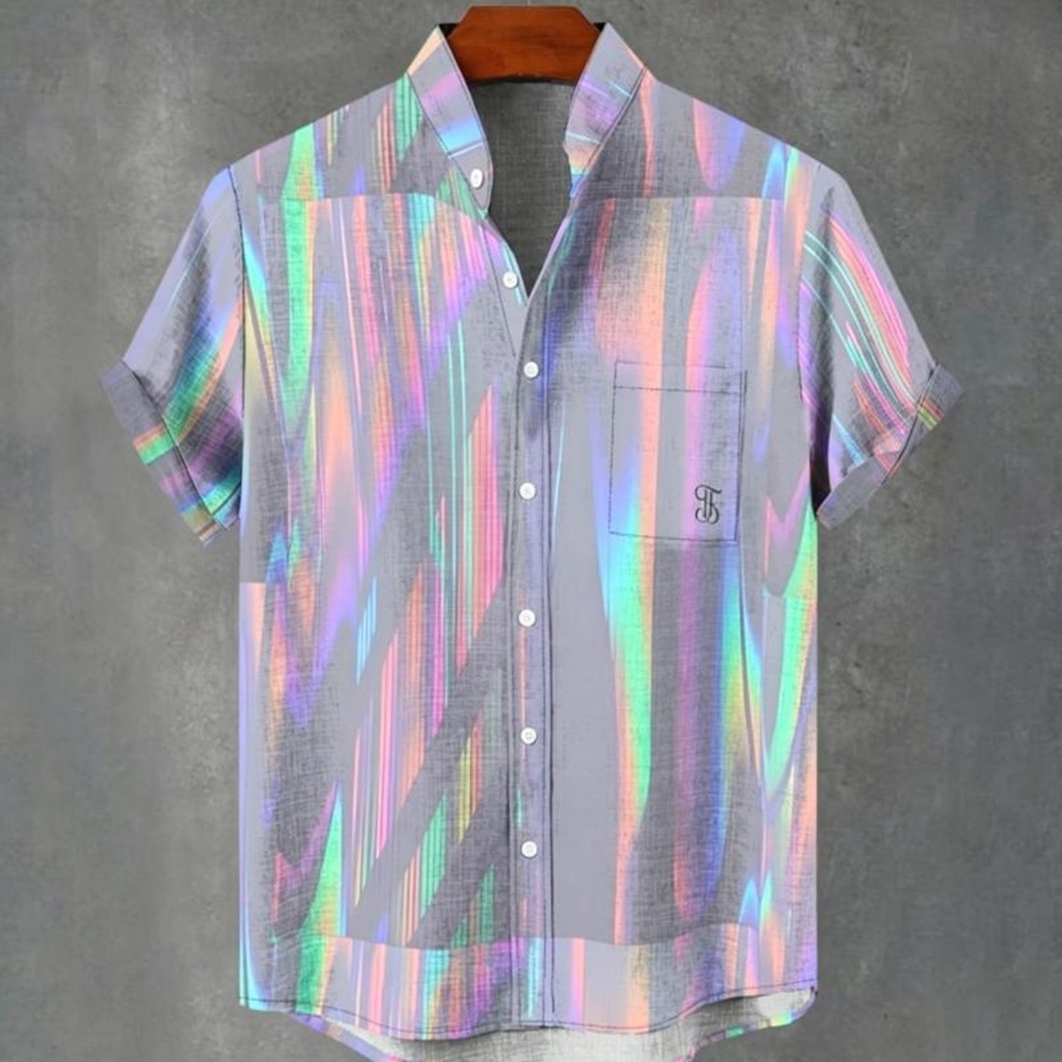 Image of Men's Digital Printed Stand-collar Pocket Shirt, Polyester Fabric, Casual & Comfortable For Daily Wear, Mixed Color, Multiple Specifications , Short-sleeved Button-up With Holographic Pattern