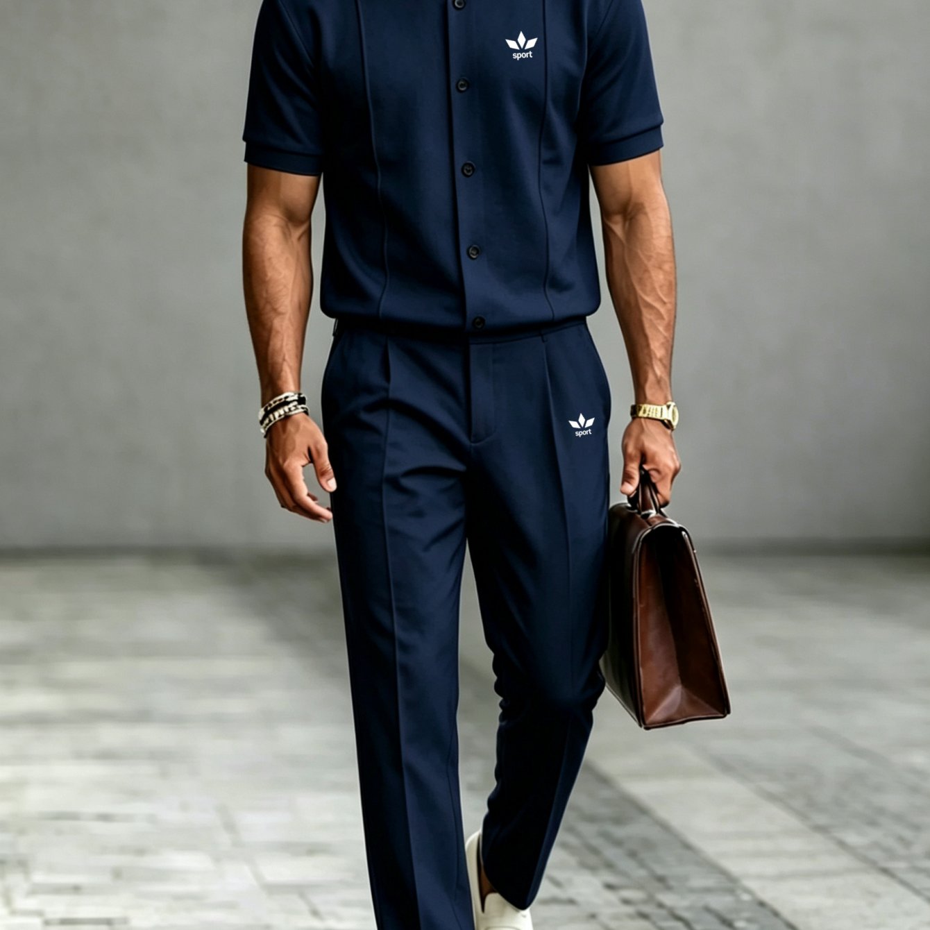 Two-piece Set: Men's Business-casual Printed Button-up Jacket (short Sleeve) With Matching Trousers - Multiple Colors , Plus Size