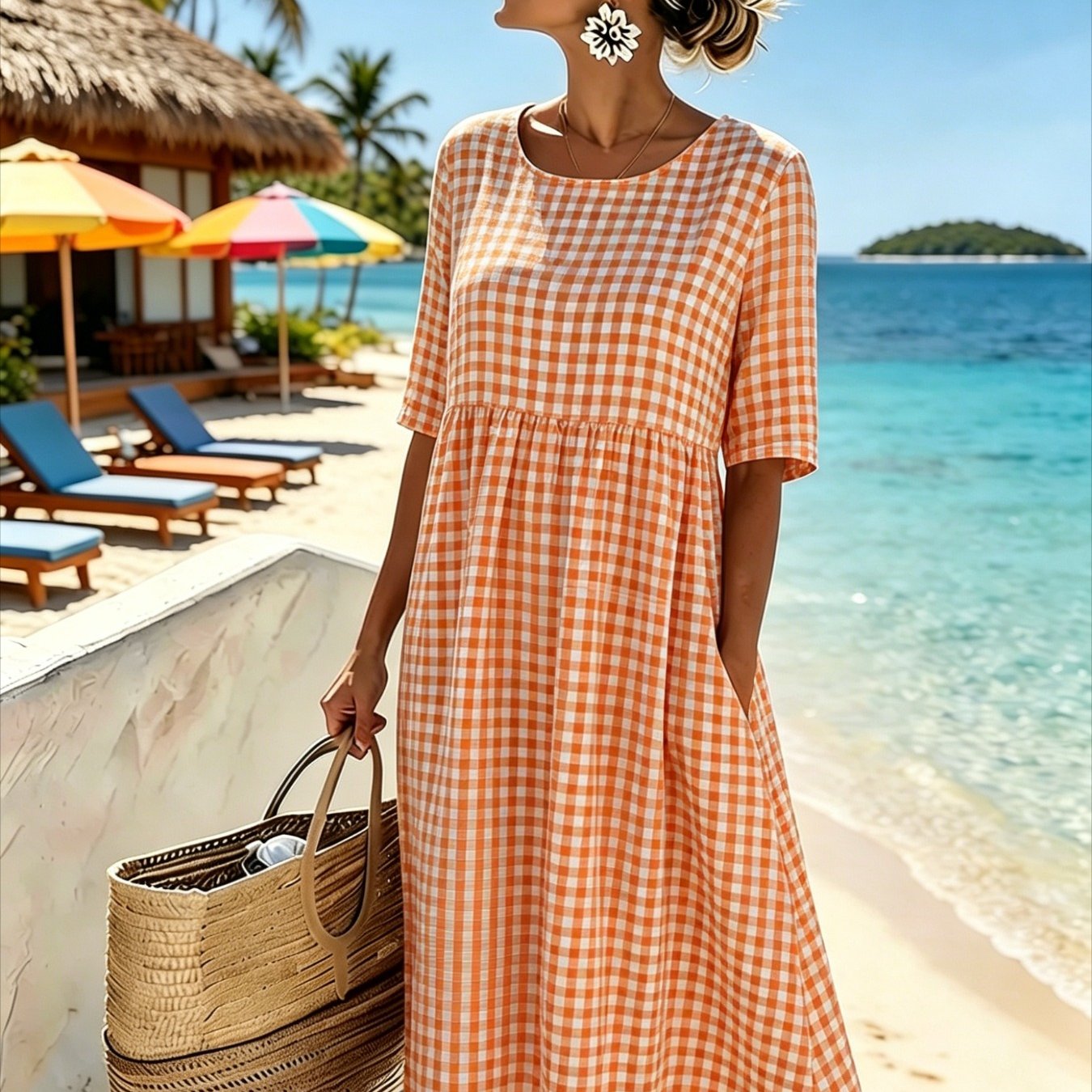 Women's Elegant Midi Dress - Casual 3/4-sleeve, Crew Neck, Loose-. Machine Washable. A Comfortable Beach & Vacation Dress, Perfect For Travel, Getaways, And Everyday .