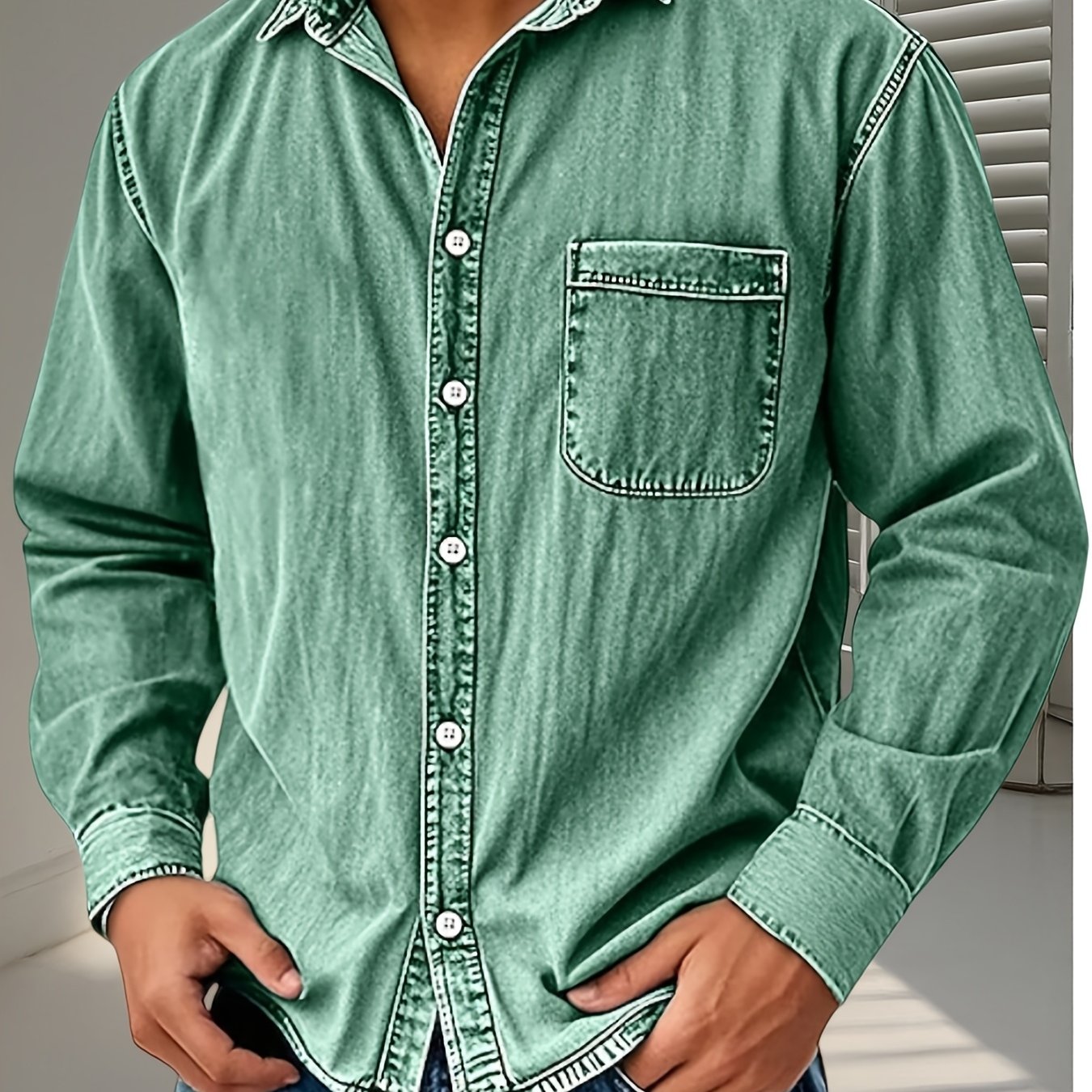 TEMU Men's Vintage Washed Faux Denim Button- Shirt, Long Sleeve Lapel Collar Jean Top With Contrast Chest Pocket Shacket Jacket, Casual Loose Fit