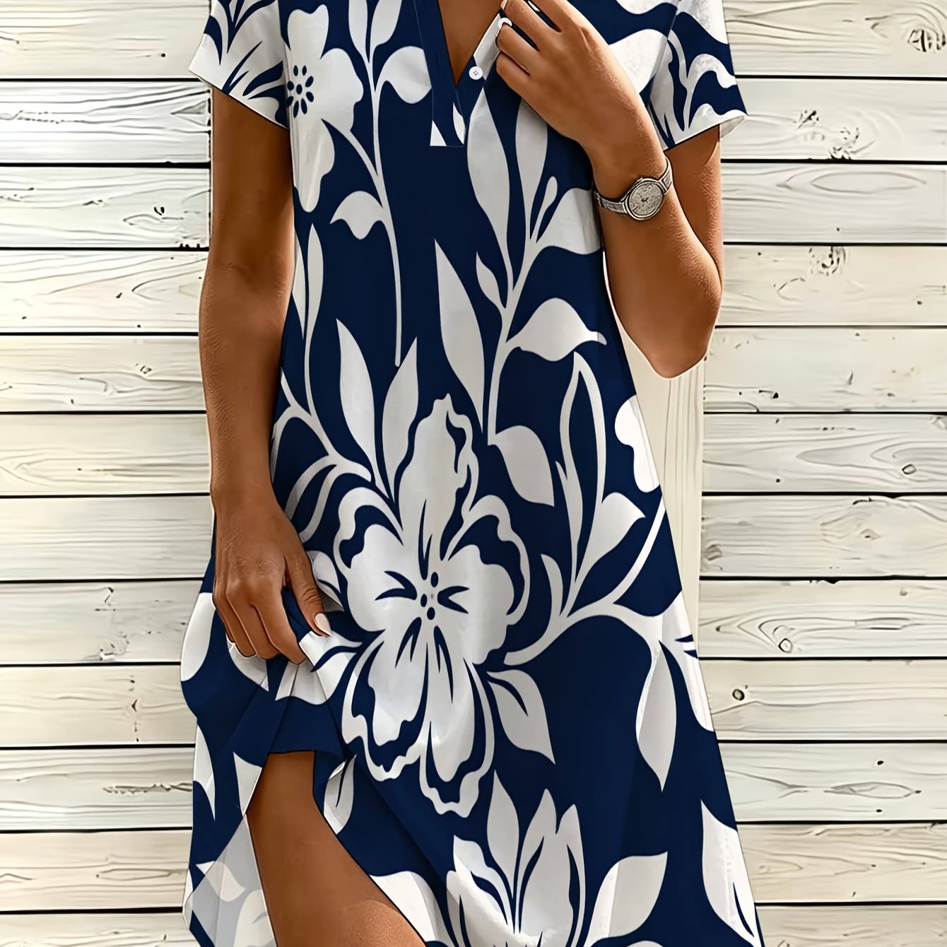 Image of Women's Fashion Shirt Dress, V-neck Button Dress, White Floral Print