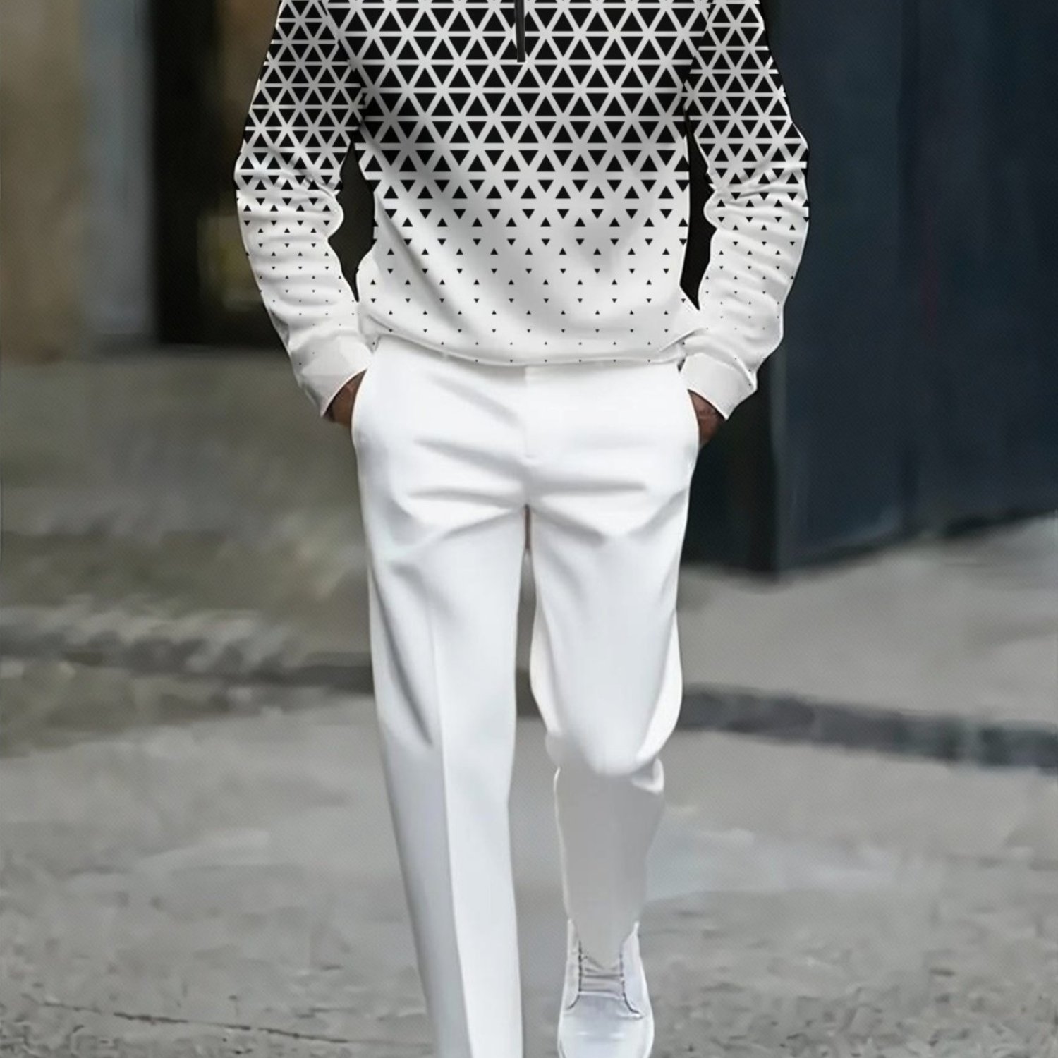 TEMU Men's Fashion Casual Set With Long Sleeve Top And Trousers Featuring A Geometric Triangle Gradient Print And Henley Neck, Perfect For Street