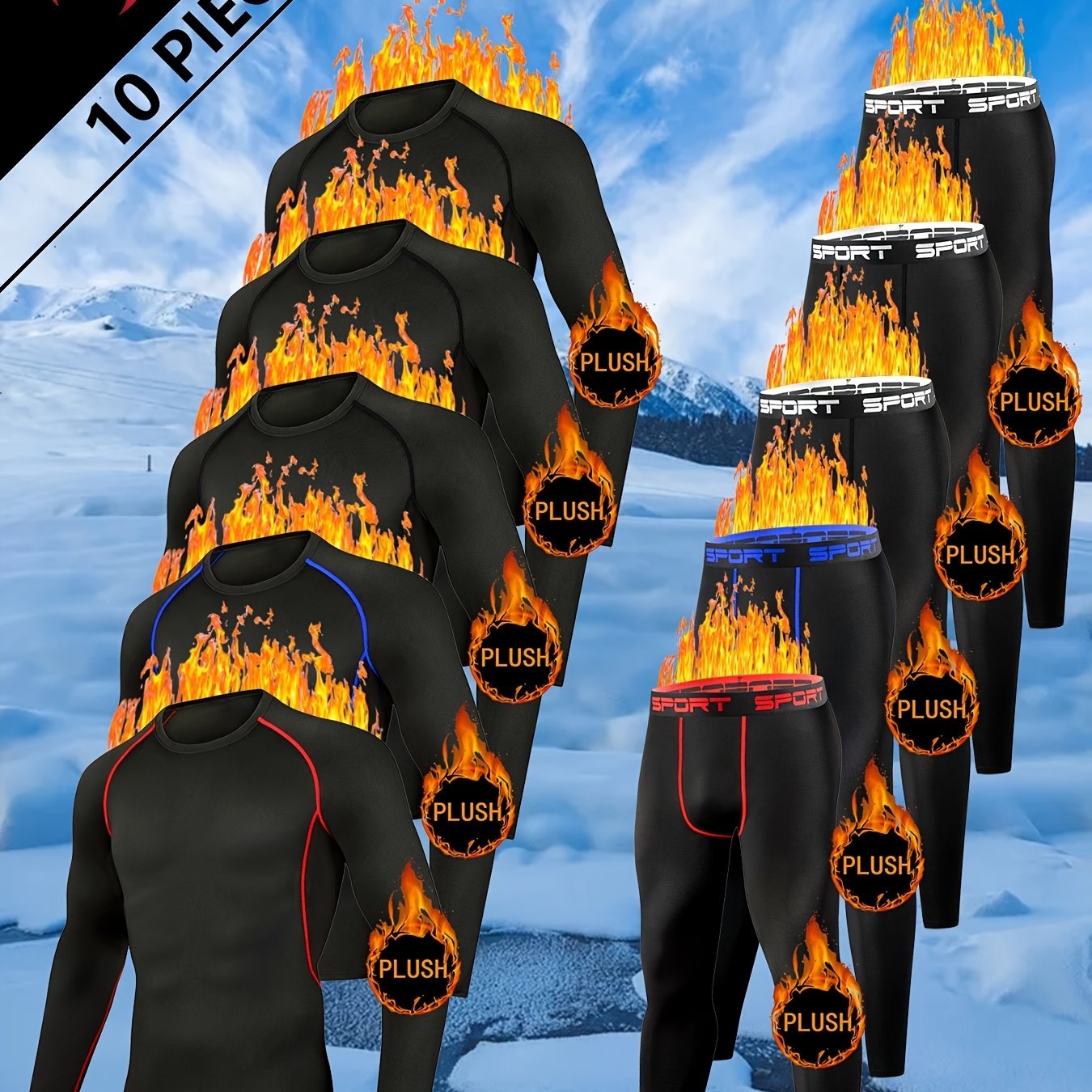 Image of 10pcs -lined Men's Warm Thermal Compression Quick-drying Training, Running, Basketball Sports Base Layers, Thick Outdoor Ski Tight Clothing, Winter Clothes For Men, Sporty Style, For Sports