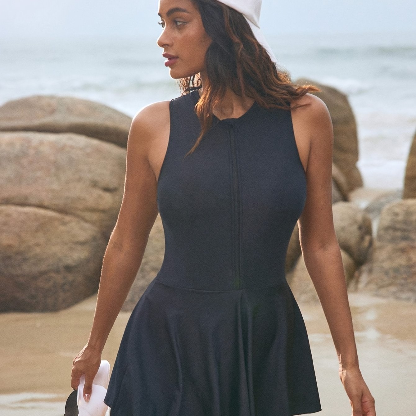 [25ss Trend] Fashionable One-piece Swim Dress, High Collar Sleeveless With Skirt Swimsuit