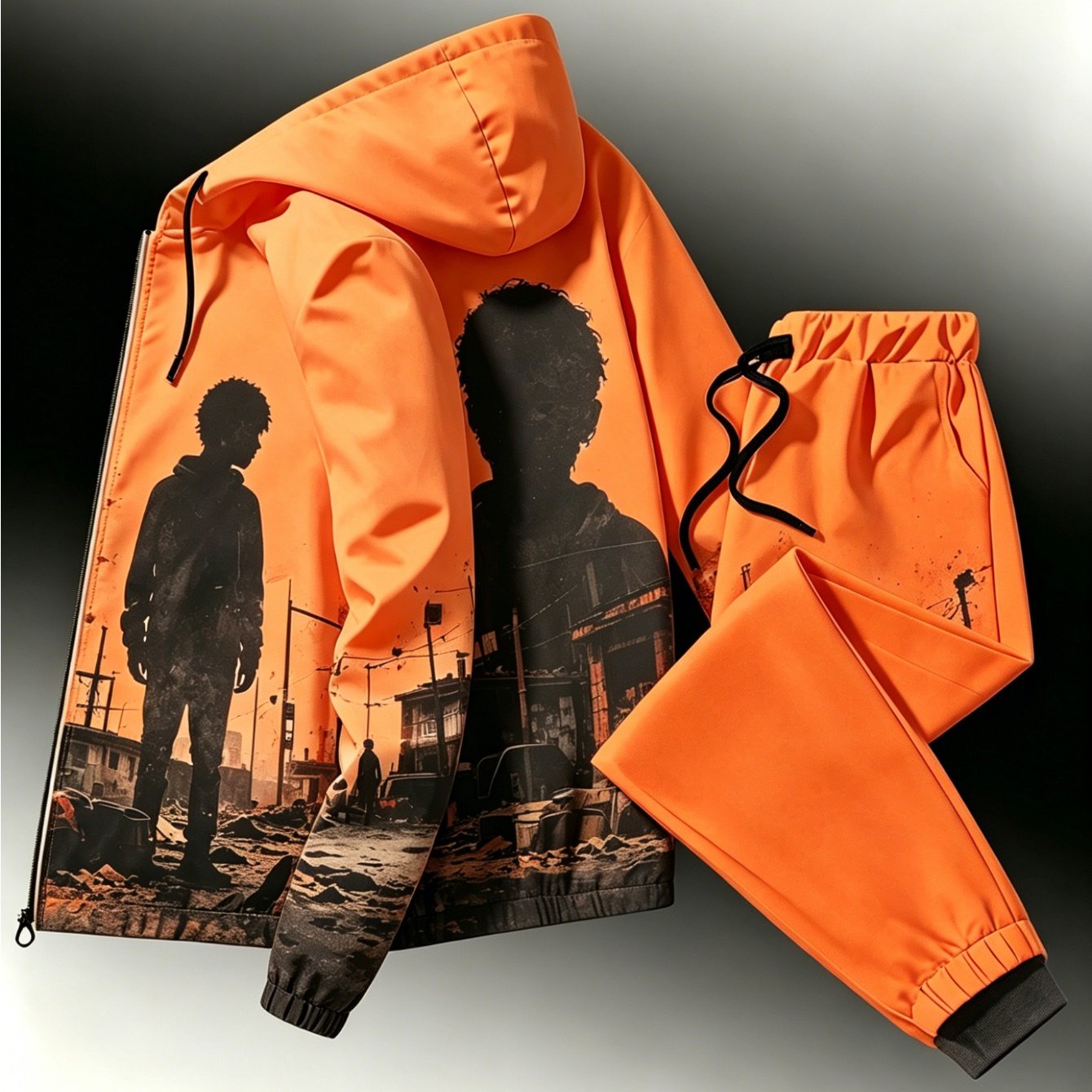 Two-piece Set New Arrival: Unisex Casual Print Windproof Zipper Jacket Set | Hooded, Regular Fit, Stretch Fabric, Perfect For Men, Suitable For Occasions, Plus Size