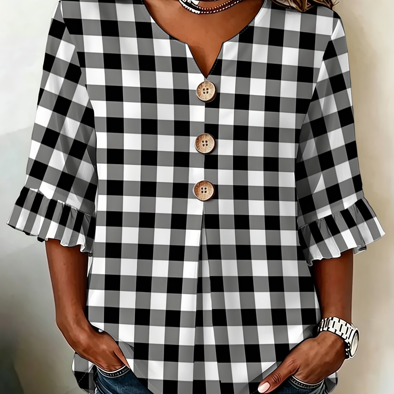 TEMU Plus Size, Plus-size Women's Fashionable Sleeve Plaid Shirt, Featuring Plaid Design, Stylish And Comfortable. Suitable For Daily Wear, Office,
