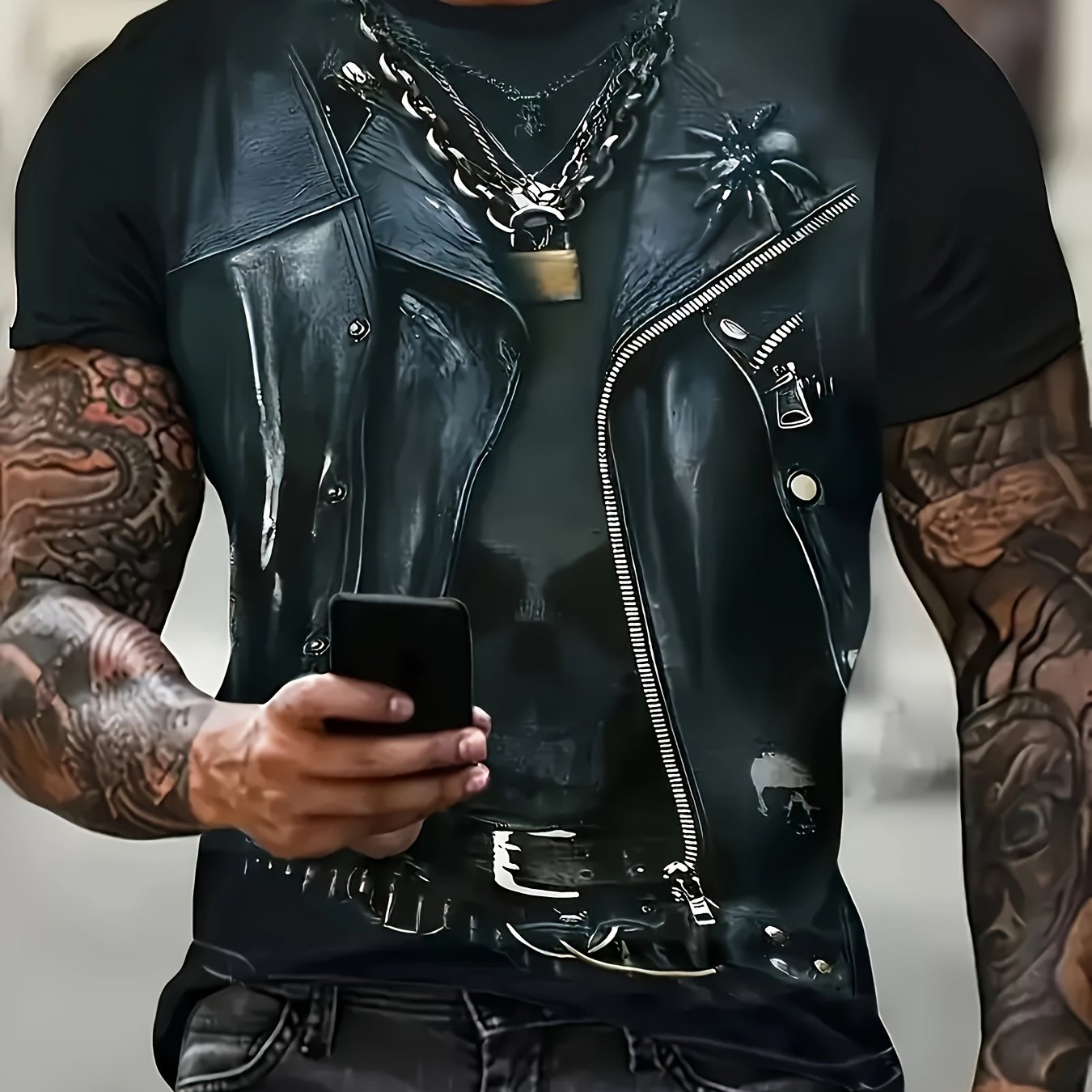 TEMU Men's Motorcycle Jacket Printed T-shirt - Large Size Knight Style, Machine Washable Casual Summer Top For Motorcycle Enthusiasts, Casual Apparel