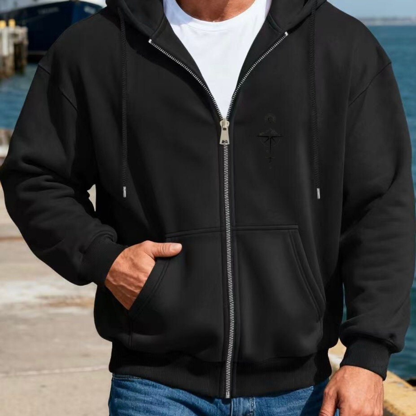 TEMU Men's Fashion Casual Fleece Hoodie Jacket | Zipper Closure, No Lining, Loose Fit, Print With Vintage Pattern, Ideal For Fall/winter