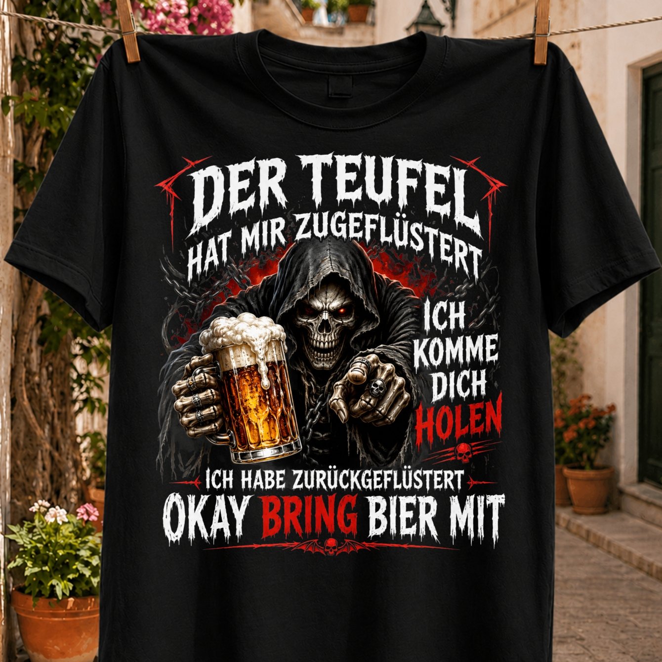 Men' Gothic German Quote T-shirt With Reaper & Beer Print - "the Devil To Me" Suitable For All T-shirts, Casual Round Neck Tee, Machine Washable Wear For Themed Events & Everyday Outfits